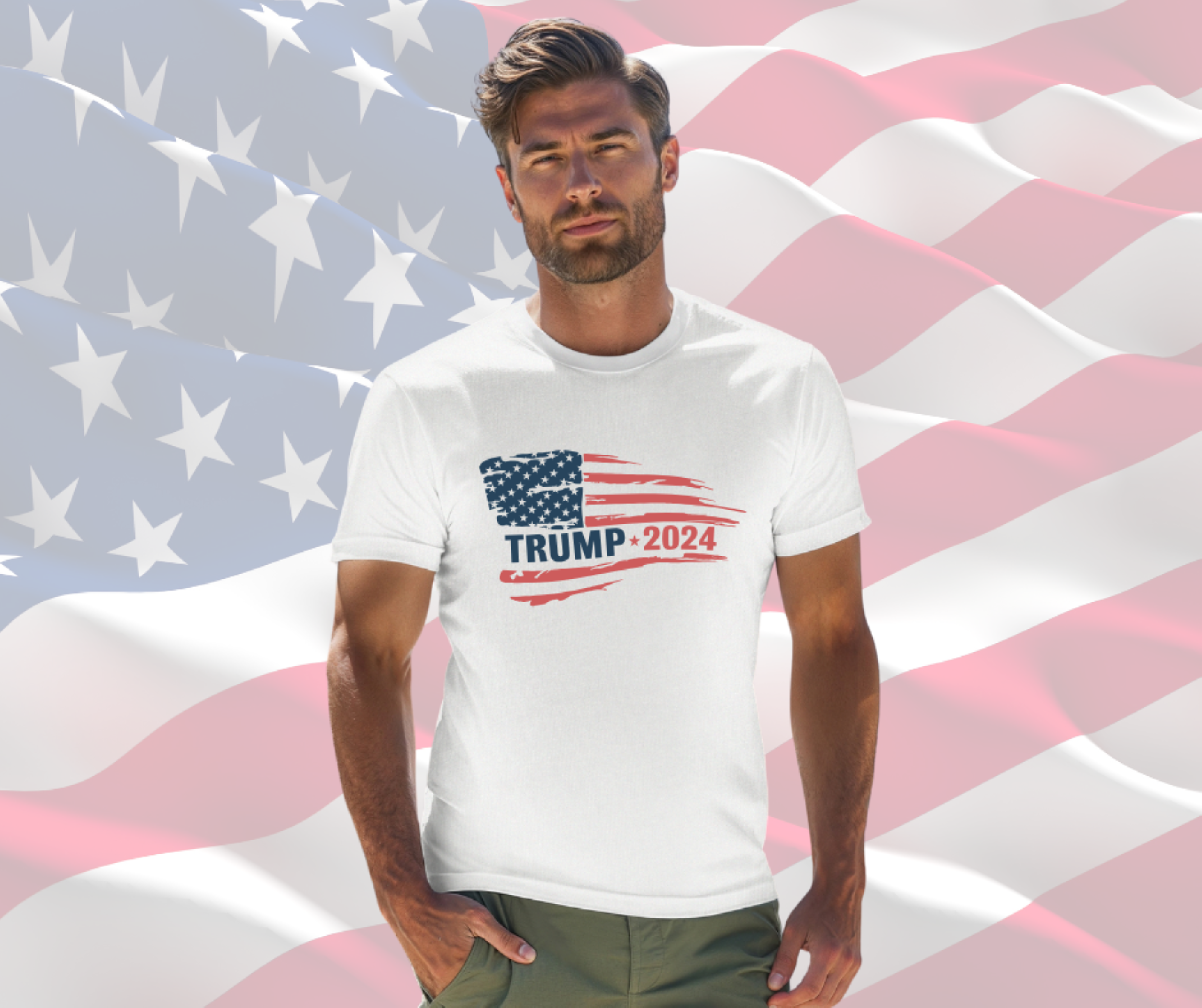 Trump 2024 Shirt Distressed Flag, Patriotic T-Shirt for Men &amp; Women, Gilden Unisex Softstyle Short Sleeve Tee, Trump TShirt 2024 product thumbnail image