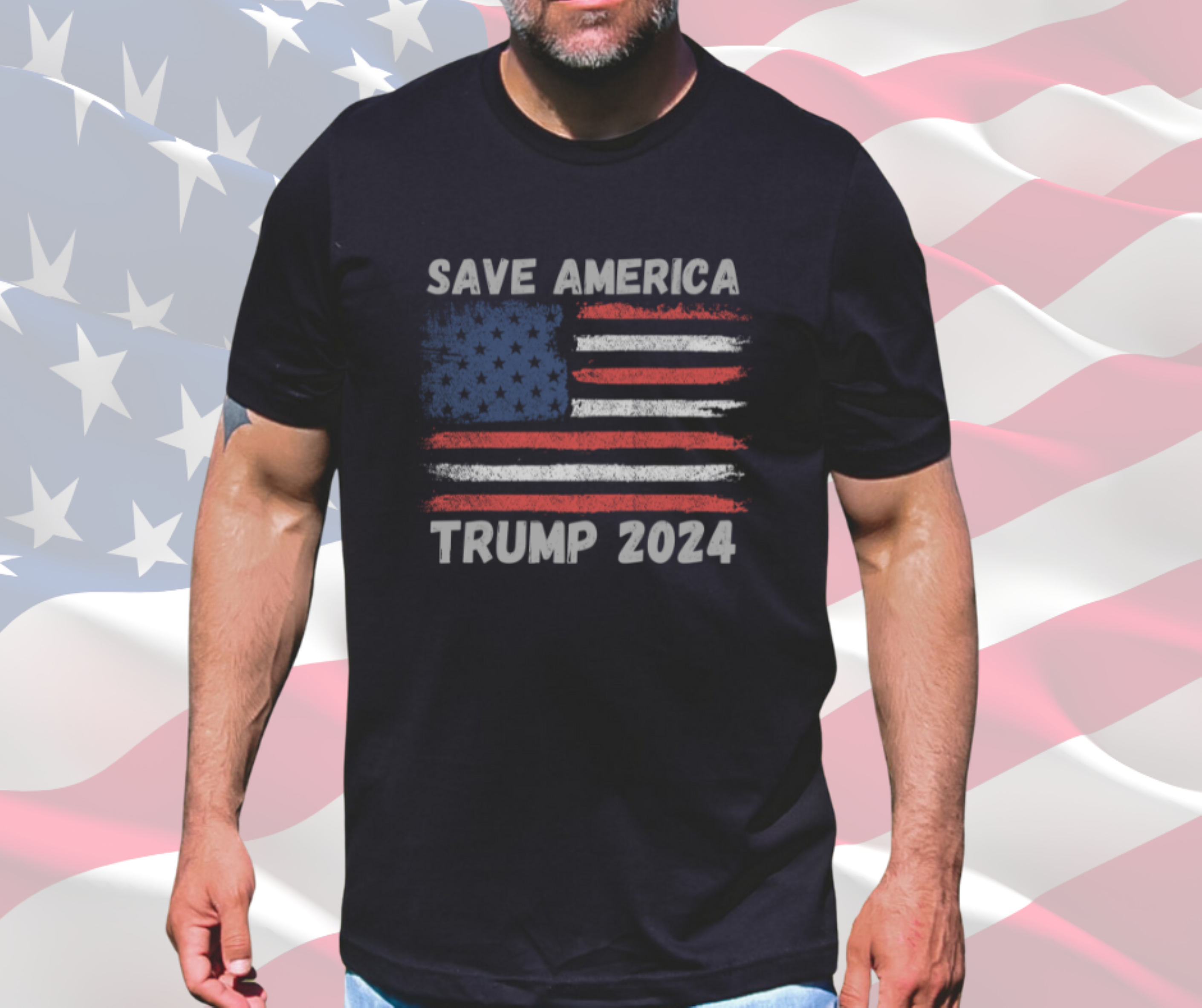 Save America Flag Trump 2024 Patriotic T-Shirt for Men &amp; Women, Gilden Unisex Softstyle Short Sleeve Tee product thumbnail image