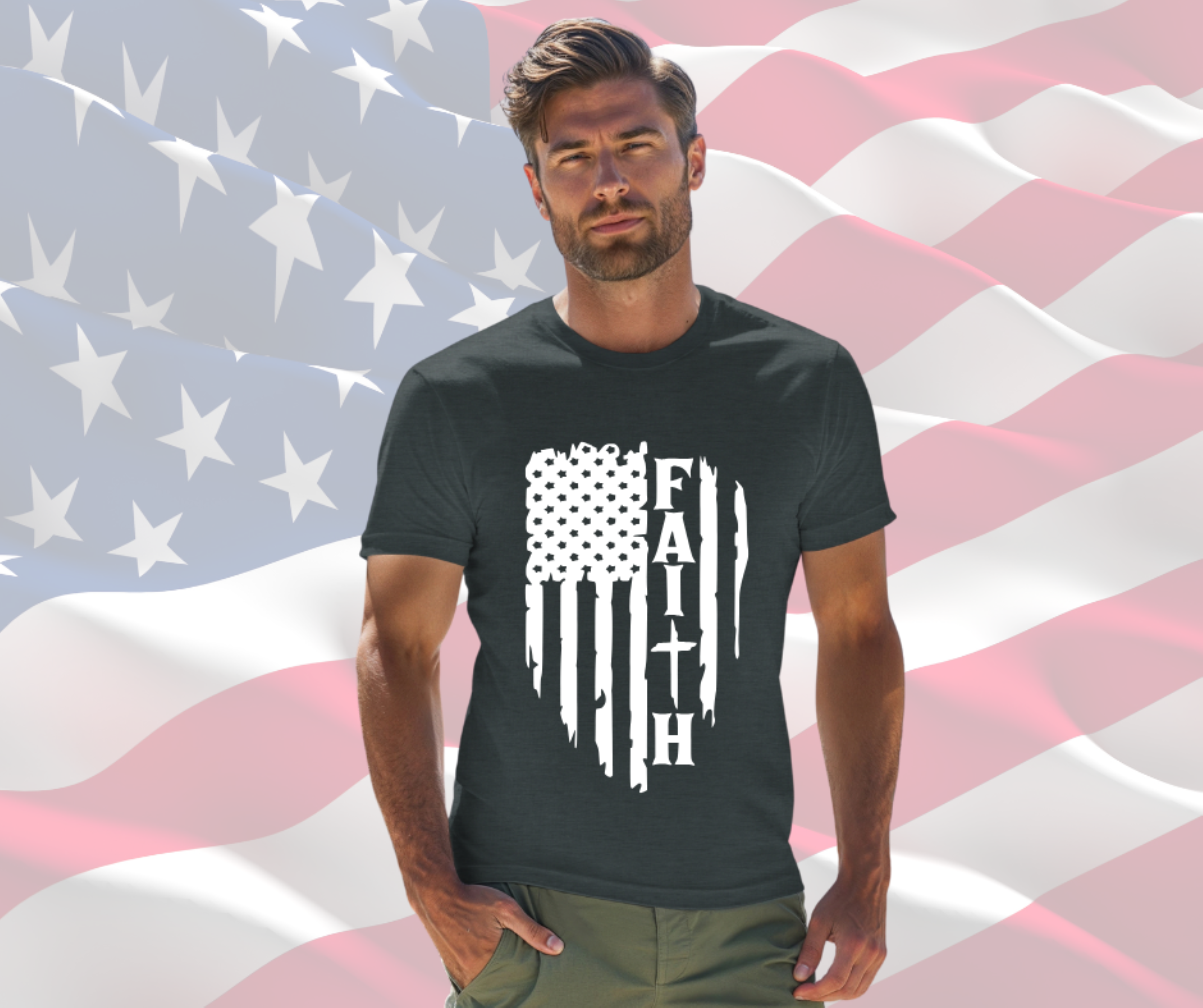 Faith Distressed American Flag Patriotic T-Shirt for Men &amp; Women, Gilden Unisex Softstyle Short Sleeve Tee
