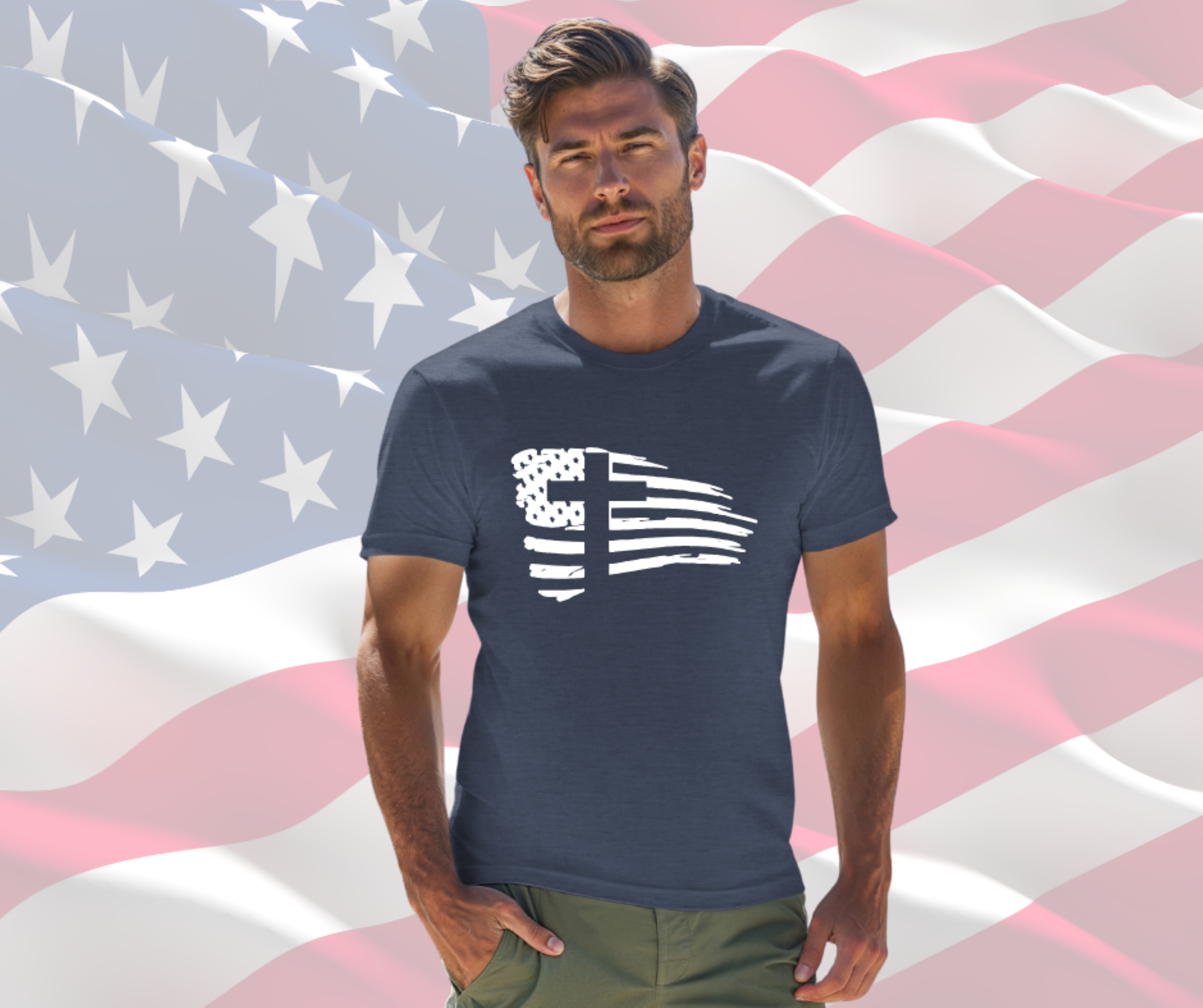 Distressed American Flag with Cross Patriotic T-Shirt for Men &amp; Women, Gilden Unisex Softstyle Short Sleeve Tee