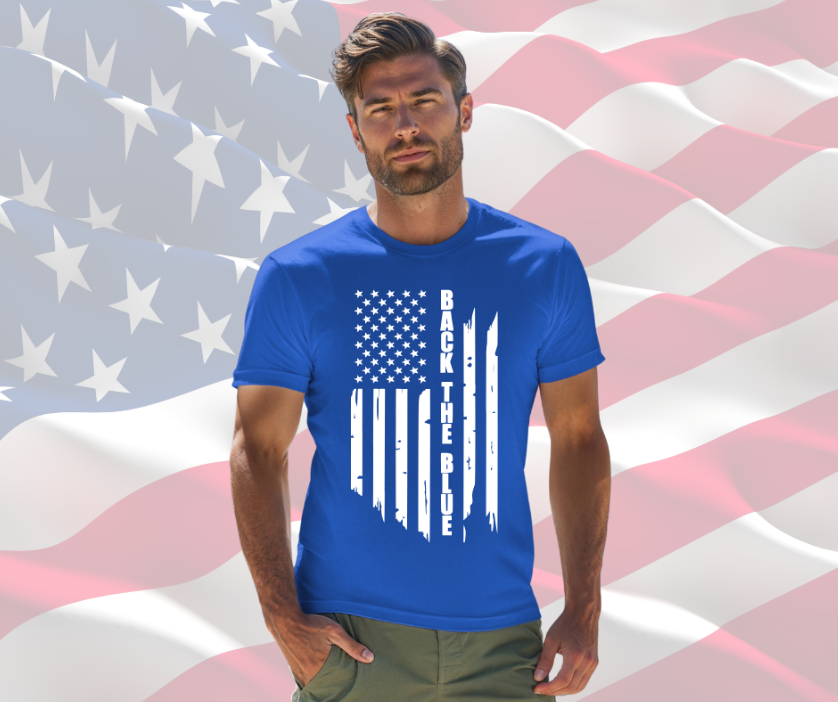 Back the Blue Distressed American Flag Patriotic T-Shirt for Men &amp; Women, Gilden Unisex Softstyle Short Sleeve Tee