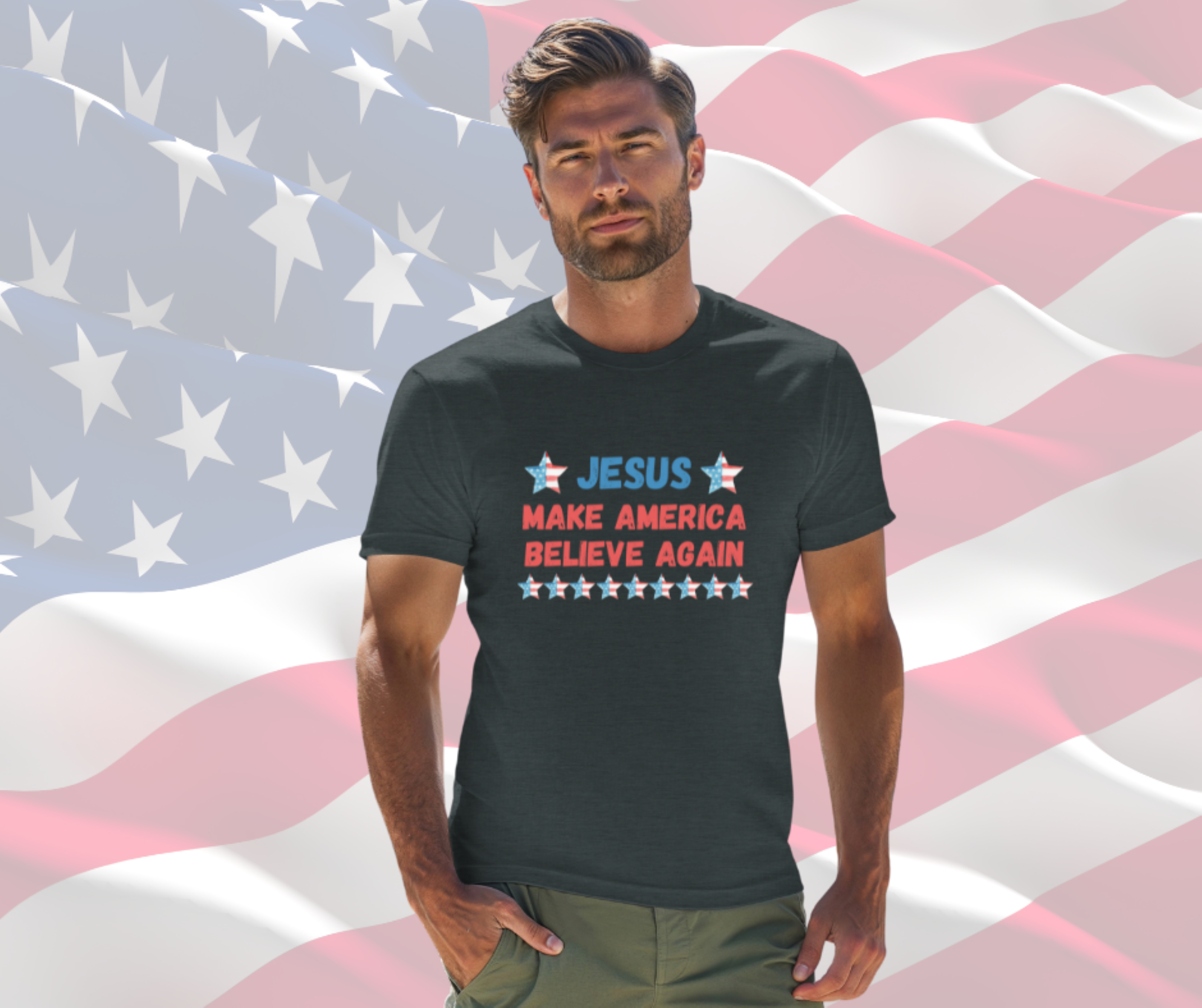 Jesus Make America Believe Again Patriotic T-Shirt for Men &amp; Women, Gilden Unisex Softstyle Short Sleeve Tee