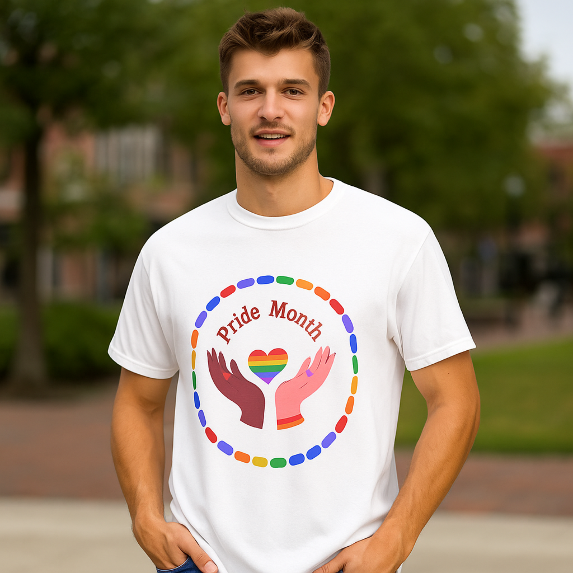 Pride Month Unisex T Shirt Celebrate Diversity Hands Holding Rainbow Heart Tee LGBTQ+ Equality Shirt Pride Festival Top product thumbnail image Pride Month Unisex T Shirt Celebrate Diversity Hands Holding Rainbow Heart Tee LGBTQ+ Equality Shirt Pride Festival Top product thumbnail image