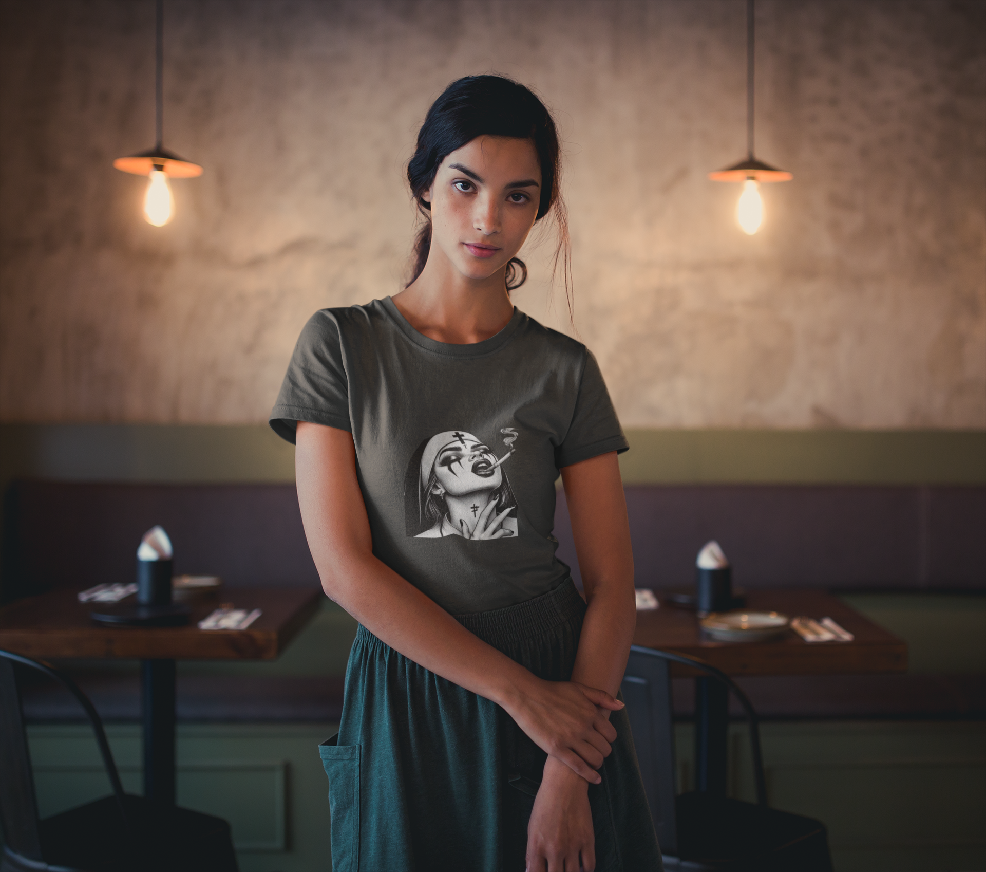 Gothic Graphic Tee Sacred Rebellion Nun Smoking T-Shirt - Edgy Gothic Art Tee