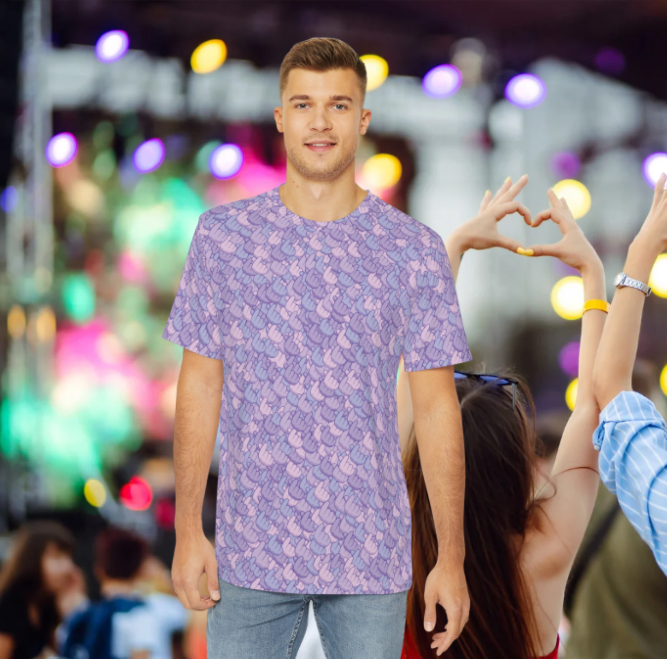 Purple Finger-Heart Camouflage T-Shirt for K-pop lovers Polyester Tee, Trendy Graphic T-Shirt for Casual Wear