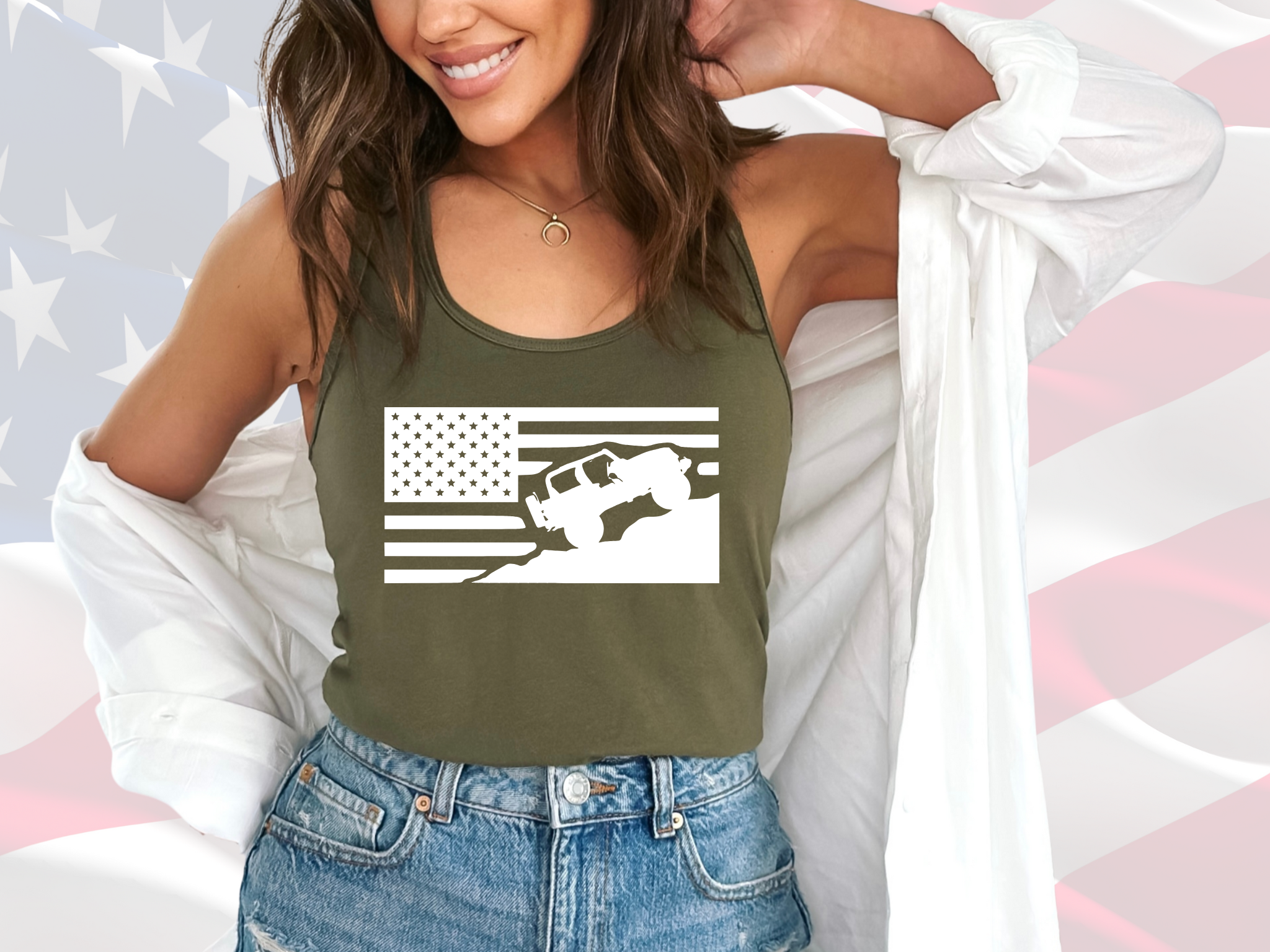American Flag with Vehicle Silhouette Next Level 1533 Women's Racerback Tank Top, Patriotic Tank Top