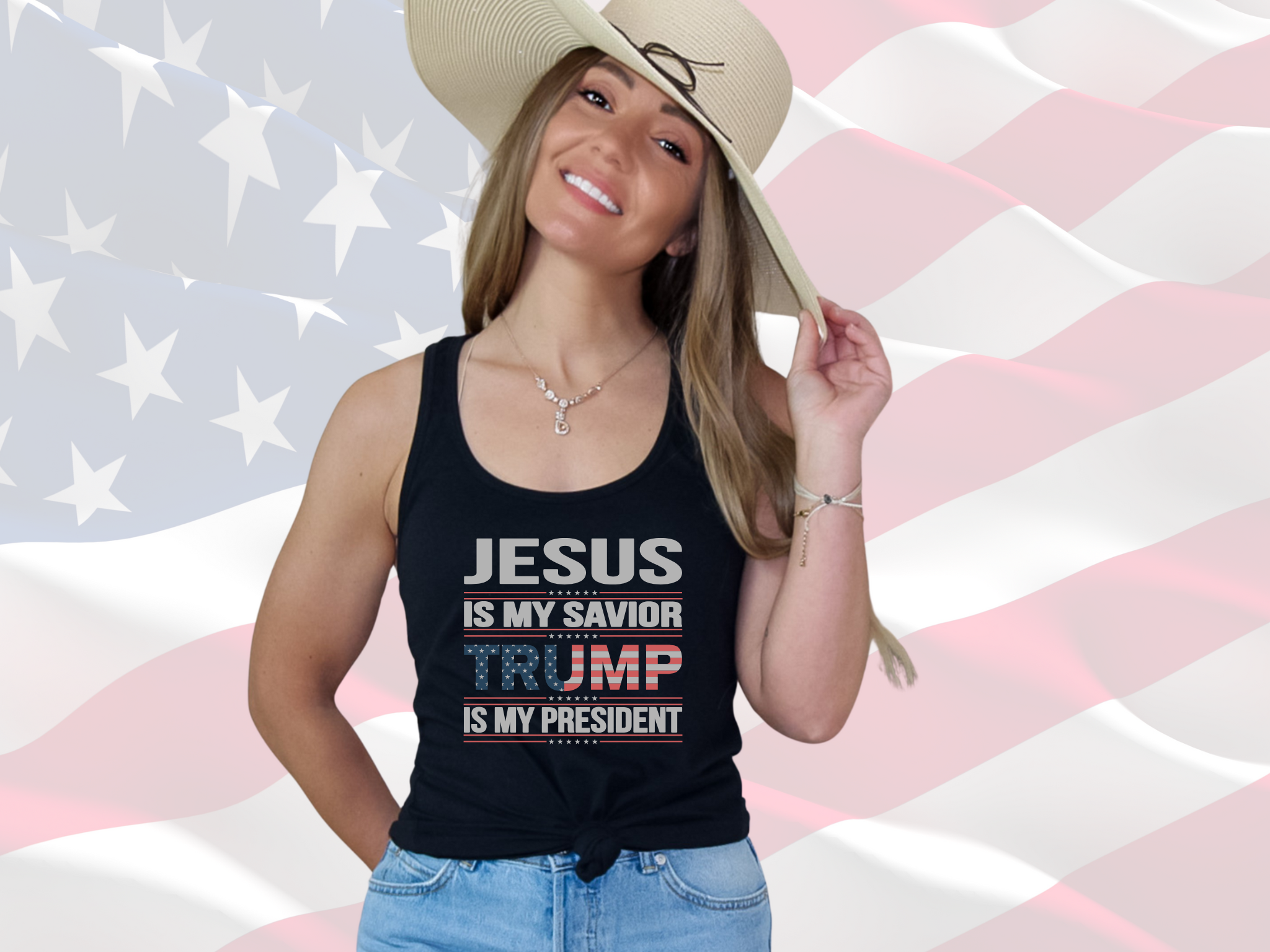 Jesus is My Savior Trump is My President Patriotic Tank, Next Level 1533 Women's Racerback Tank Top