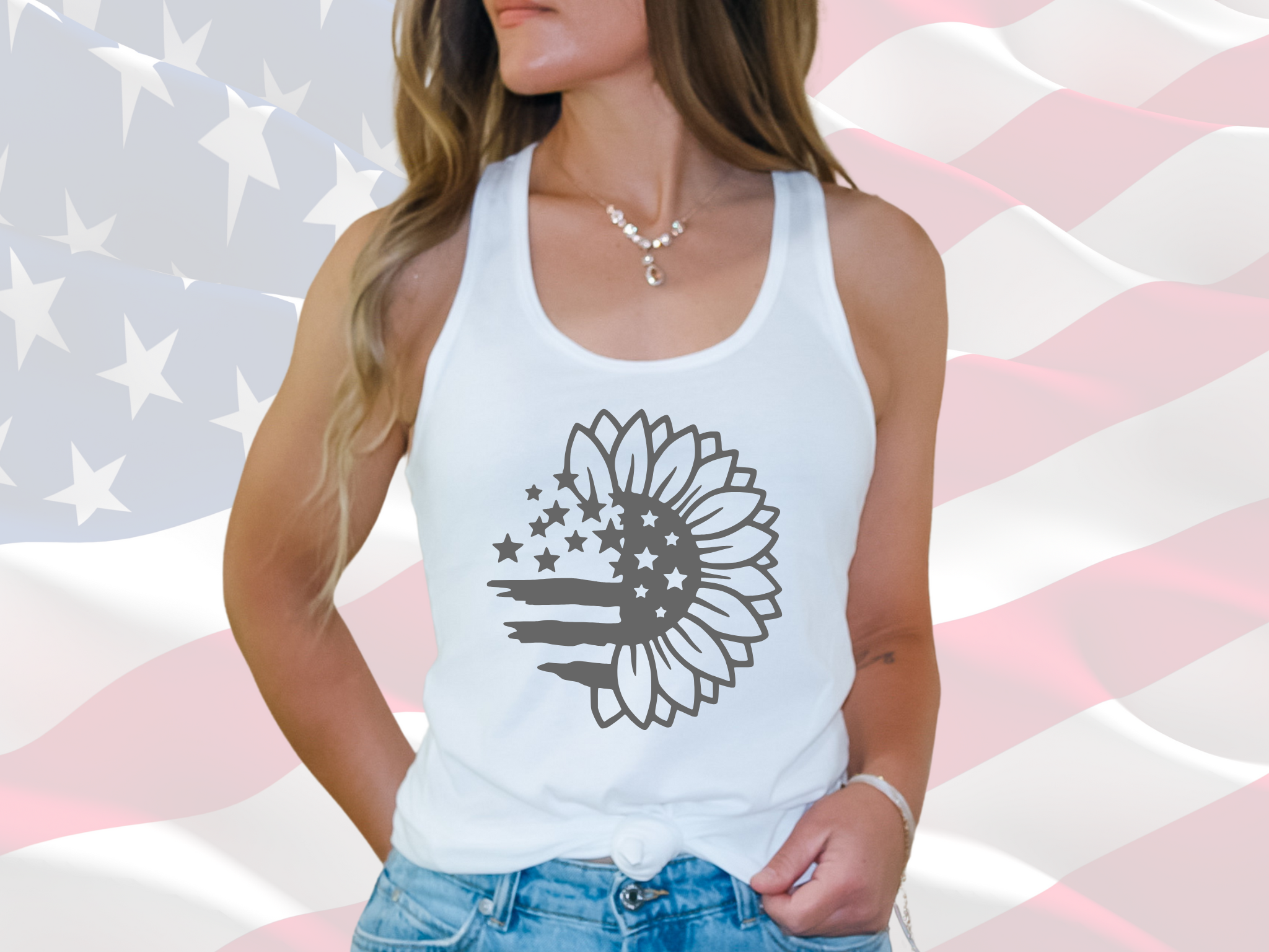 Sunflower with Distressed Flag Next Level 1533 Women's Racerback Tank Top, Patriotic Tank Top