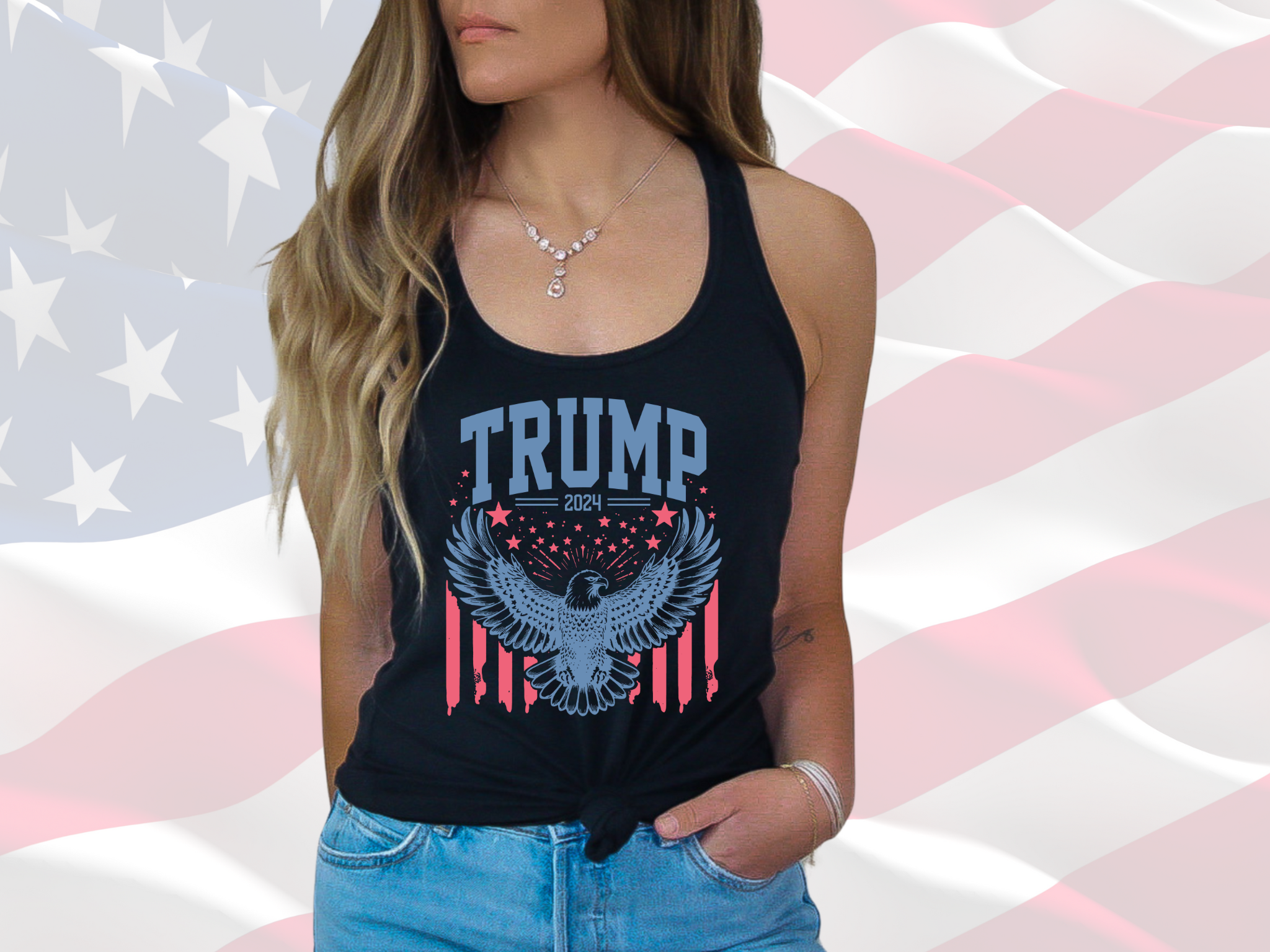 Trump Eagle with American Flag Patriotic Tank, Next Level 1533 Women's Racerback Tank Top