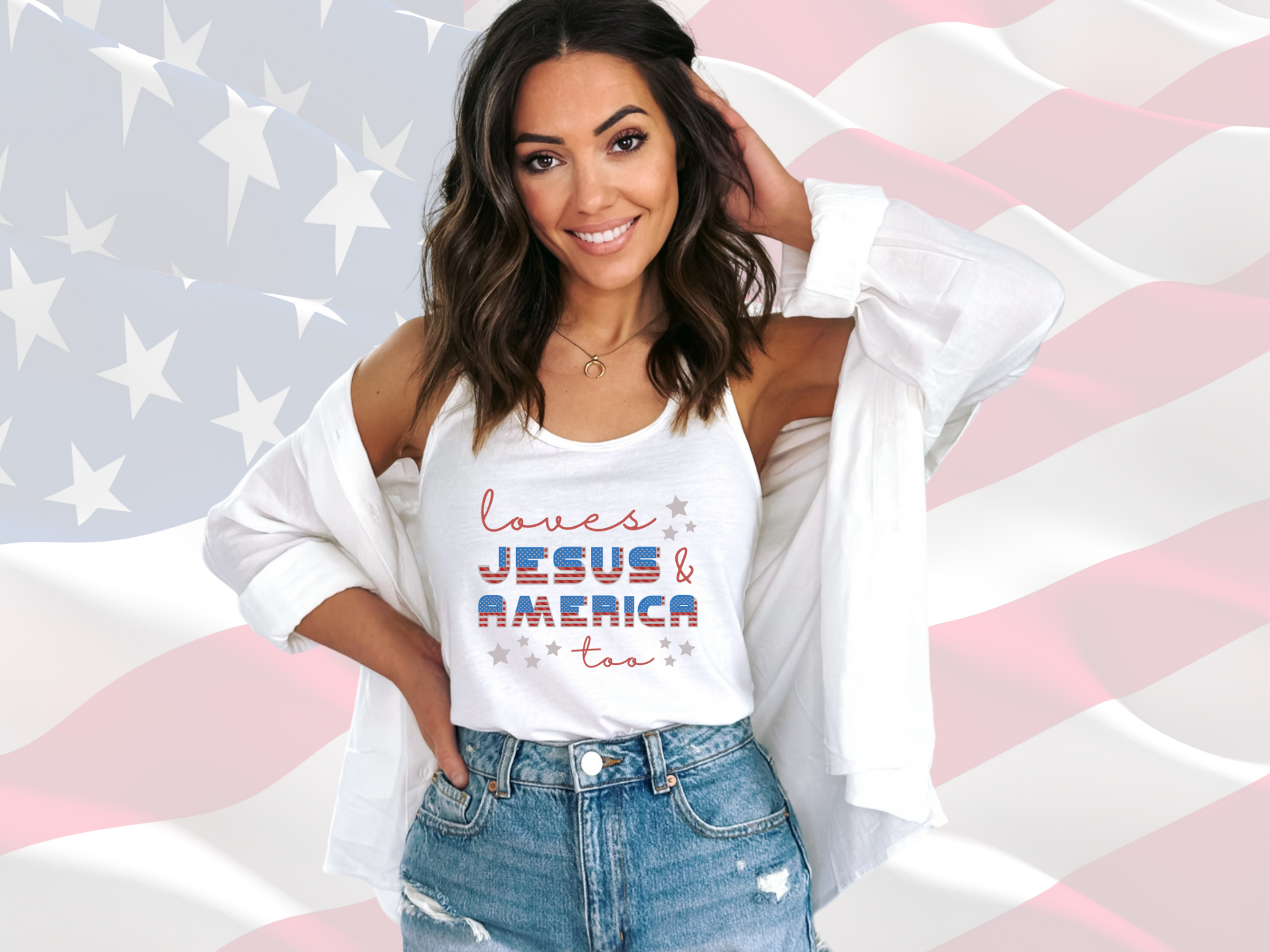 Loves Jesus &amp; America Too Patriotic Tank, Next Level 1533 Women's Racerback Tank Top product thumbnail image