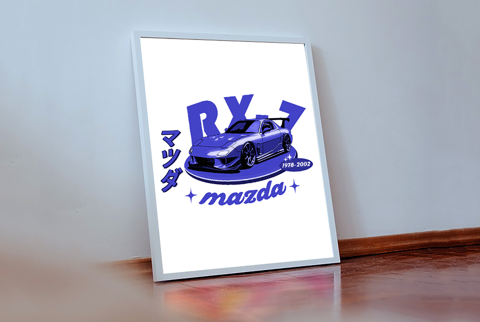 Poster: Mazda RX-7 Satin Poster | Car Wall Art | Automotive Decor | Gift for Car Lovers | Blue Racing Art | Vintage Car Print