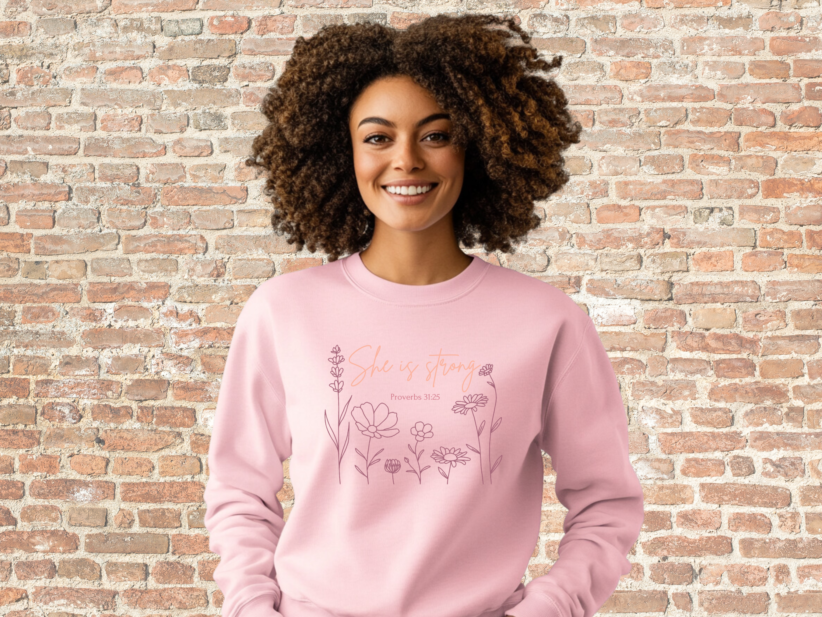 She is Strong Proverbs 31:25 Gildan 18000 Unisex Heavy Blend™ Crewneck Sweatshirt, Bible Verse Sweatshirt Women