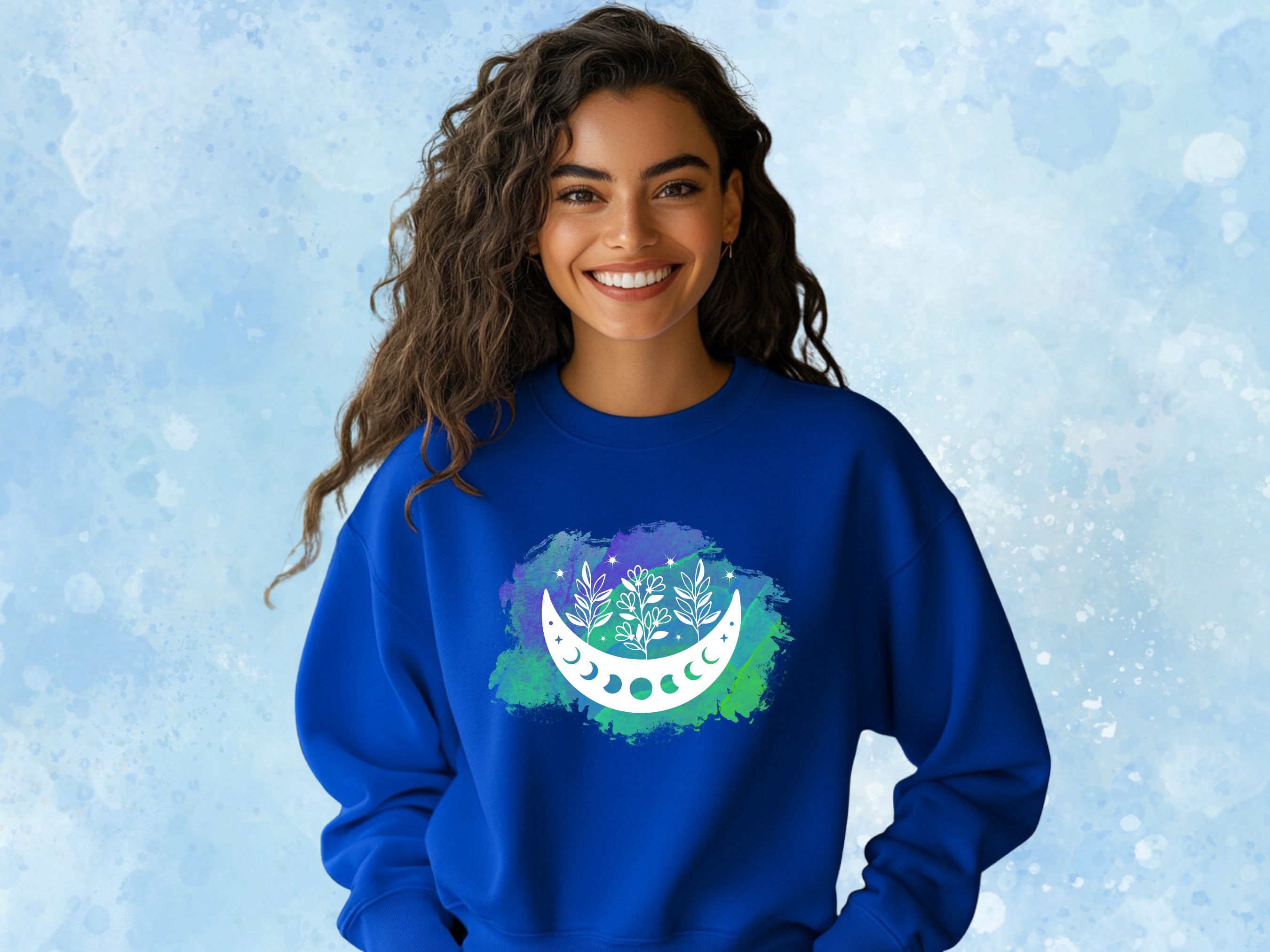 Moon Phases &amp; Flowers Celestial Sweatshirt, Gildan 18000 Unisex Heavy Blend™ Crewneck Sweatshirt, Celestial Sweater, Mystical Sweatshirt product thumbnail image