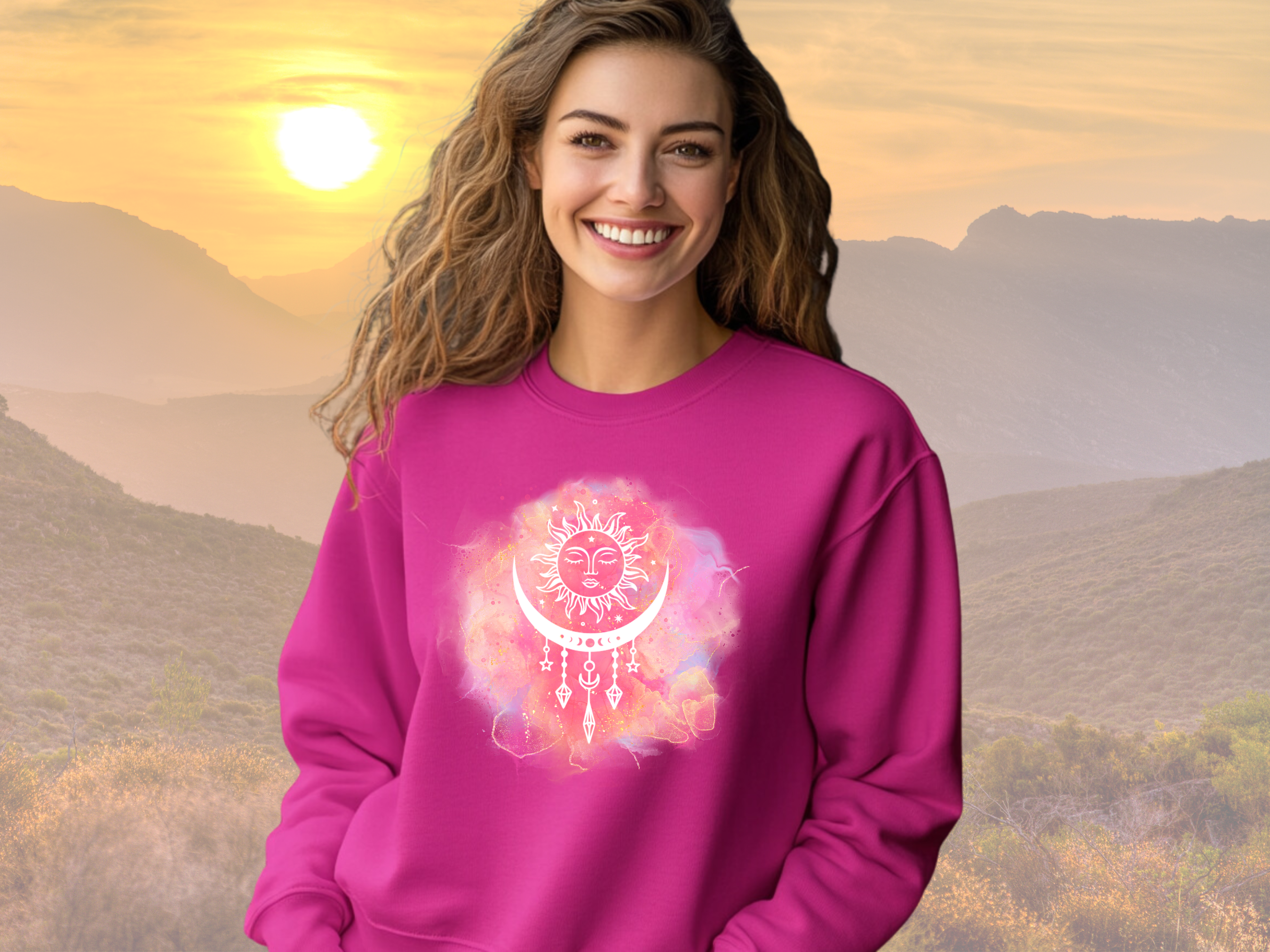 Sun Moon &amp; Crystals Celestial Sweatshirt, Gildan 18000 Unisex Heavy Blend™ Crewneck Sweatshirt, Celestial Sweater, Mystical Sweatshirt product thumbnail image