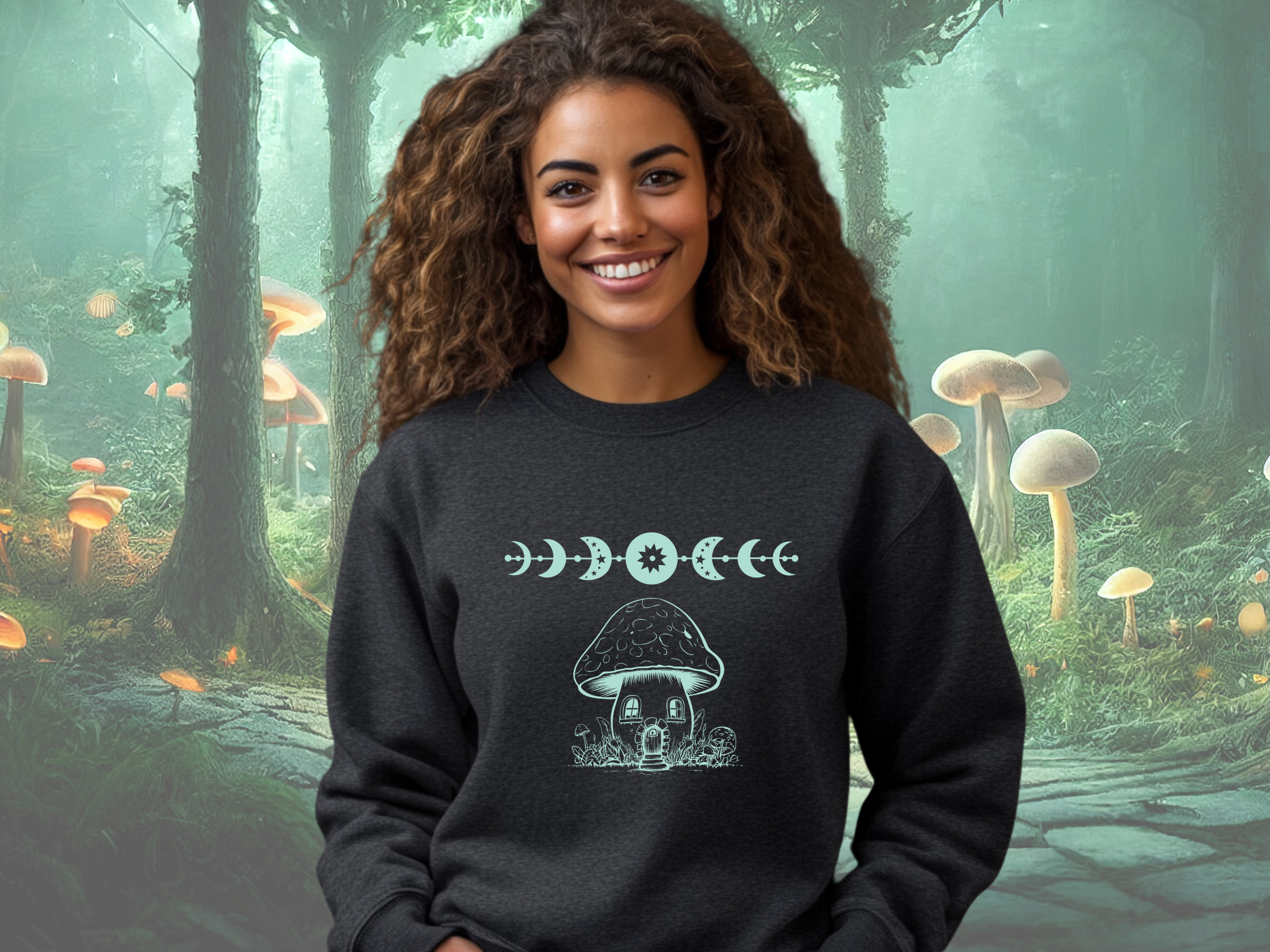 Moon Phase Sweatshirt with Mushroom Fairy House, Gildan 18000 Unisex Heavy Blend™ Crewneck Sweatshirt, Mystical Sweatshirt