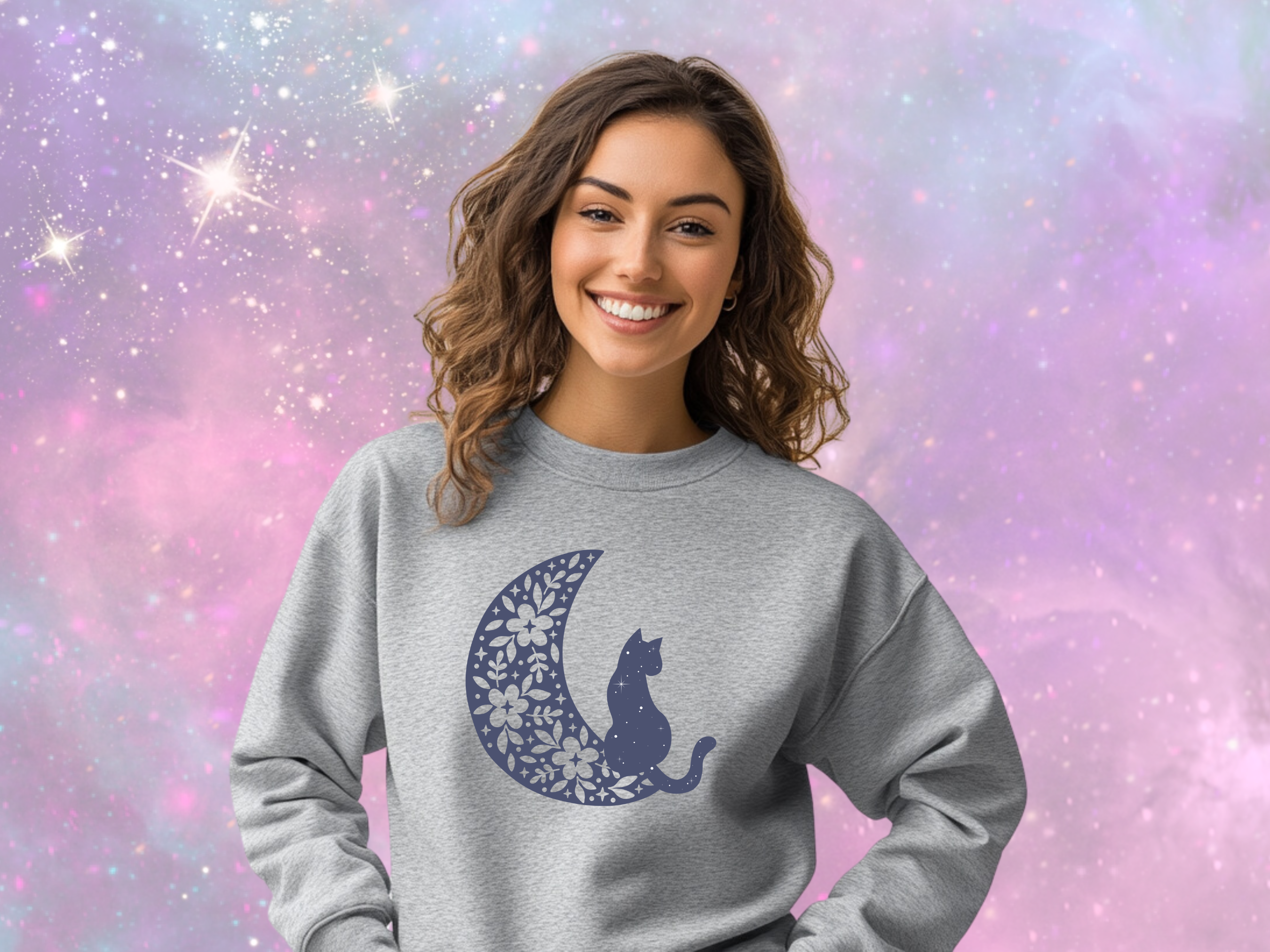 Flowered Moon &amp; Cat Celestial Sweatshirt, Gildan 18000 Unisex Heavy Blend™ Crewneck Sweatshirt, Celestial Sweater, Mystical Sweatshirt