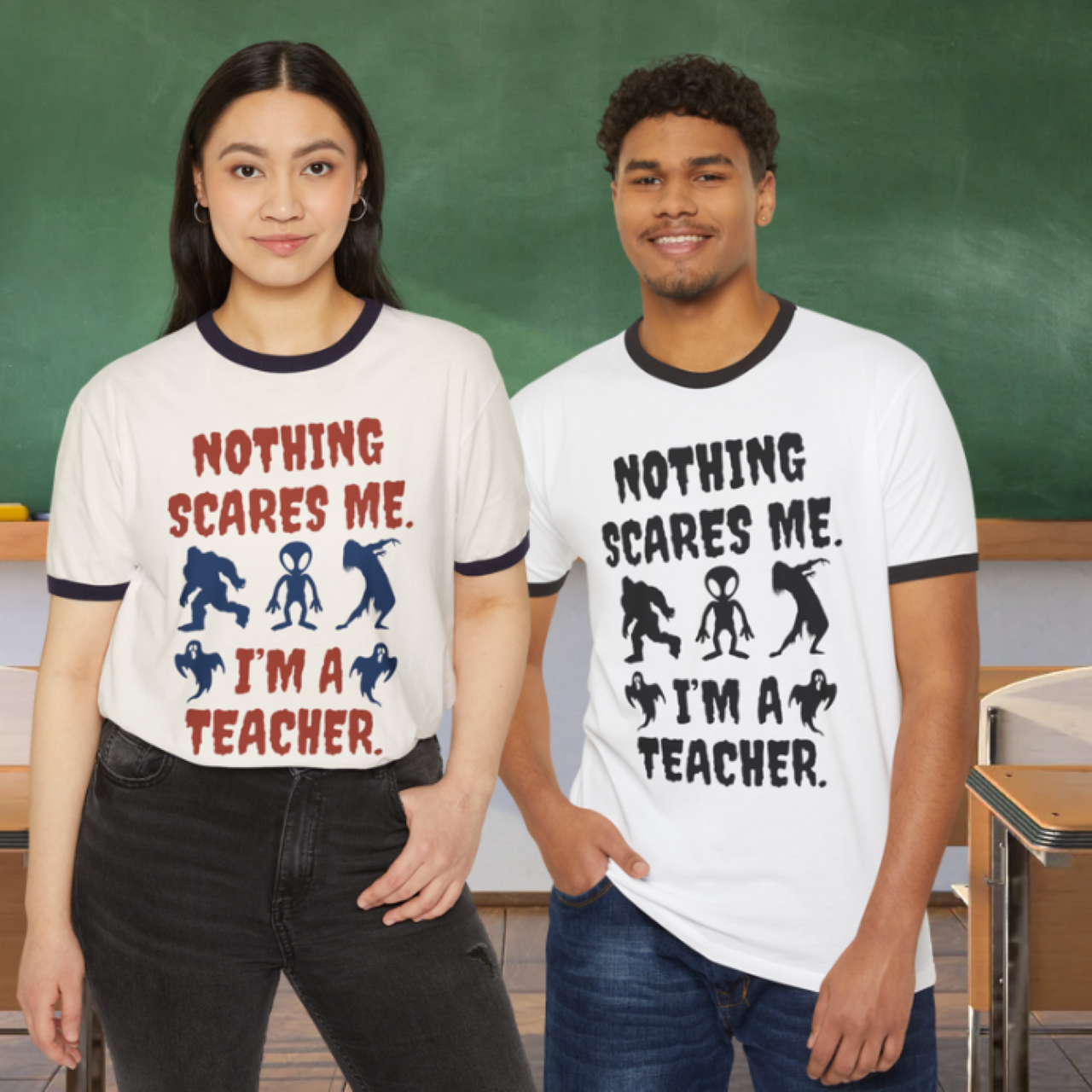 Ringer t-shirt, Nothing scares me, I'm a teacher, funny teaching shirt, gift for educators, back to school apparel, product thumbnail image