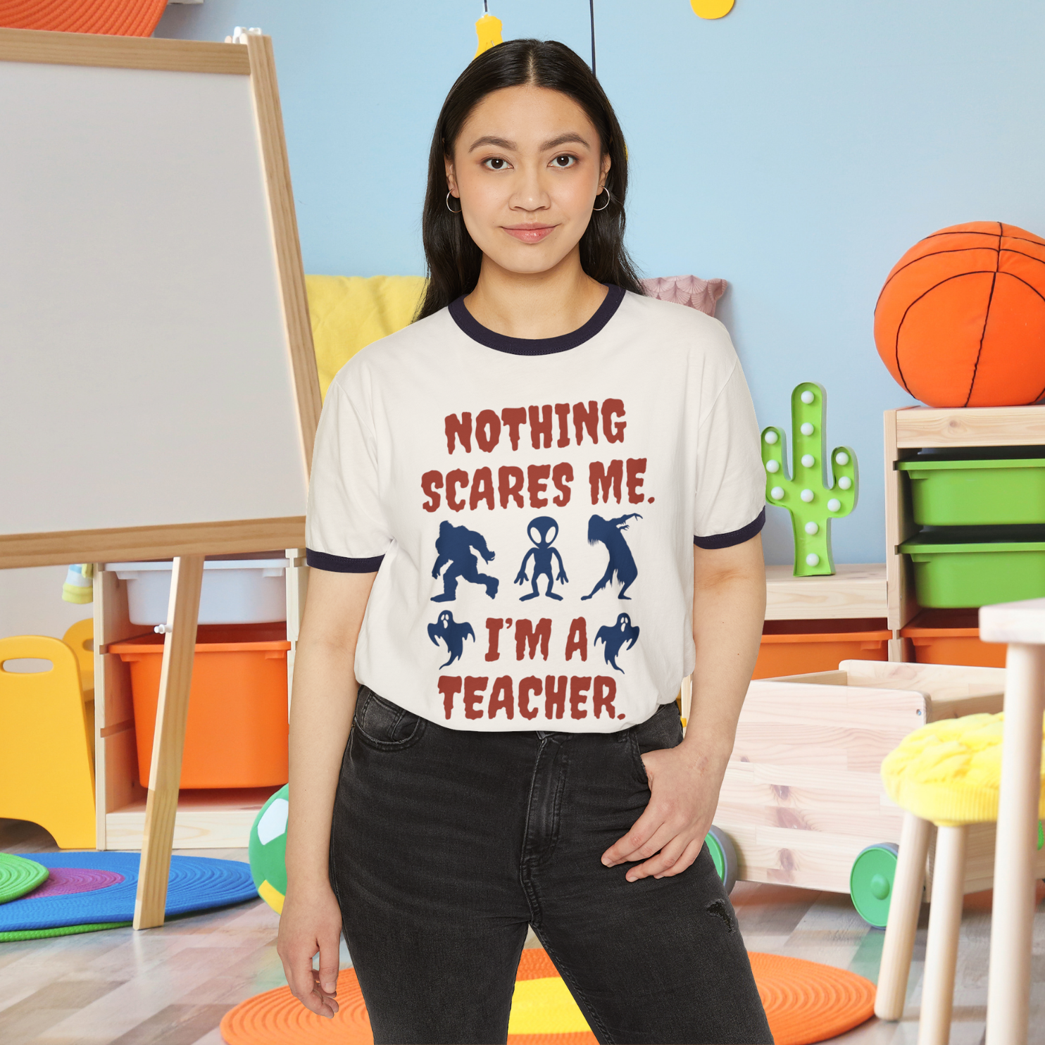 Ringer t-shirt, Nothing scares me, I'm a teacher, funny teaching shirt, gift for educators, back to school apparel, product thumbnail image