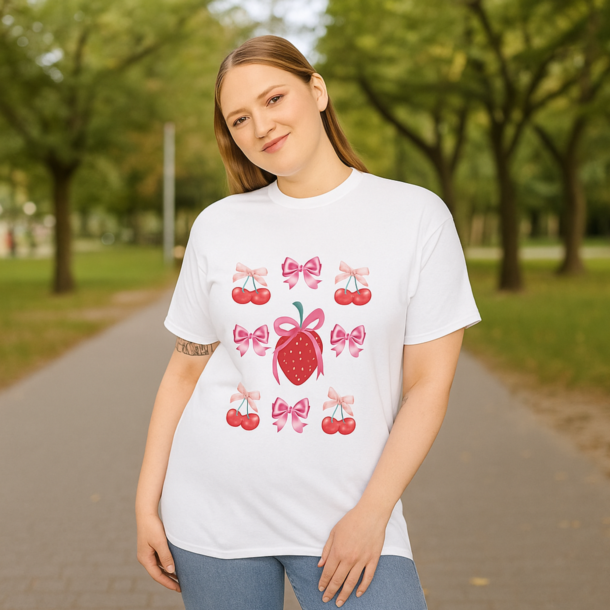 Cute Strawberry and Bow Unisex Heavy Cotton Tee, Perfect for Casual Wear, Gifts, Summer Outfits, Birthdays, Fruit Lovers product thumbnail image Cute Strawberry and Bow Unisex Heavy Cotton Tee, Perfect for Casual Wear, Gifts, Summer Outfits, Birthdays, Fruit Lovers product thumbnail image