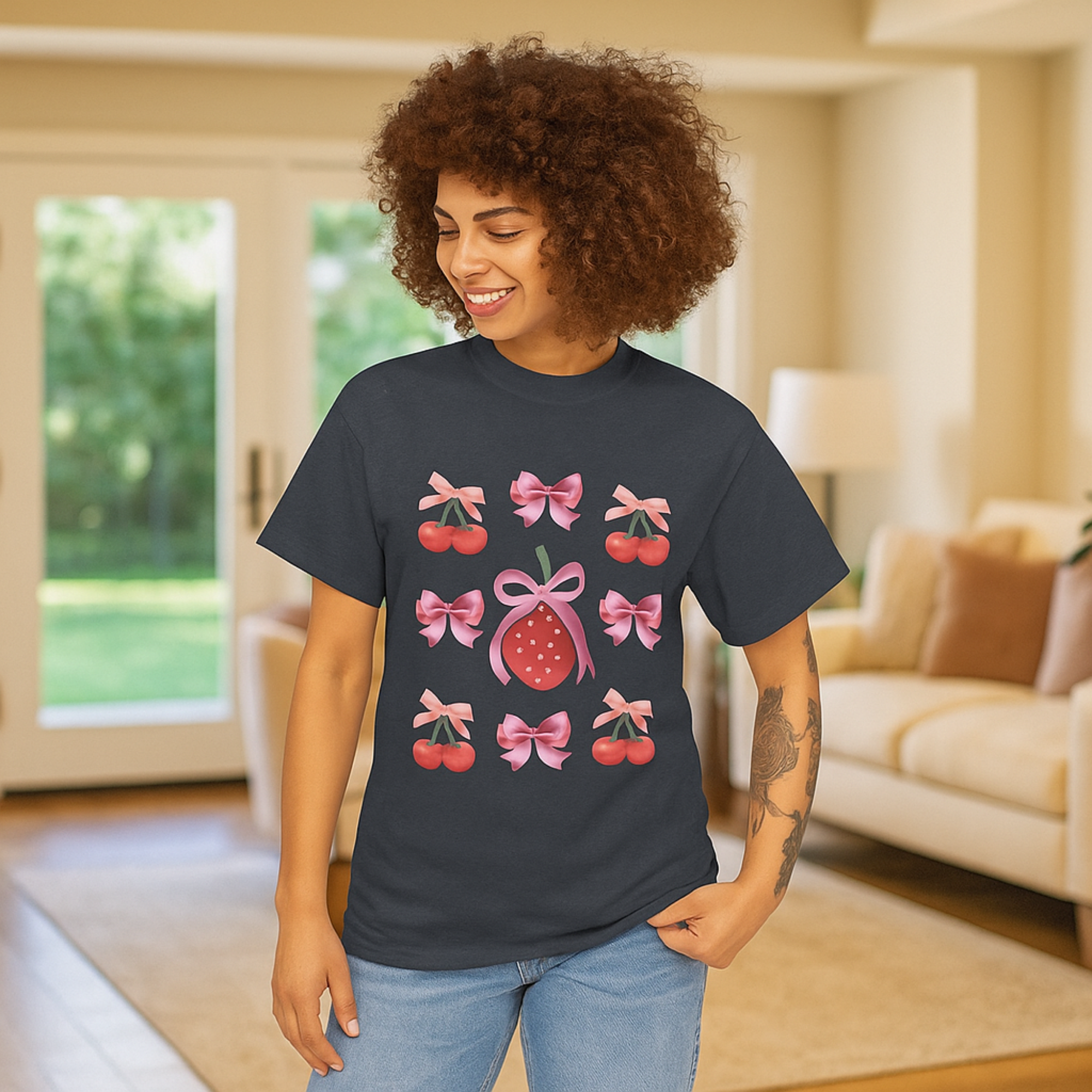 Cute Strawberry and Bow Unisex Heavy Cotton Tee, Perfect for Casual Wear, Gifts, Summer Outfits, Birthdays, Fruit Lovers Cute Strawberry and Bow Unisex Heavy Cotton Tee, Perfect for Casual Wear, Gifts, Summer Outfits, Birthdays, Fruit Lovers