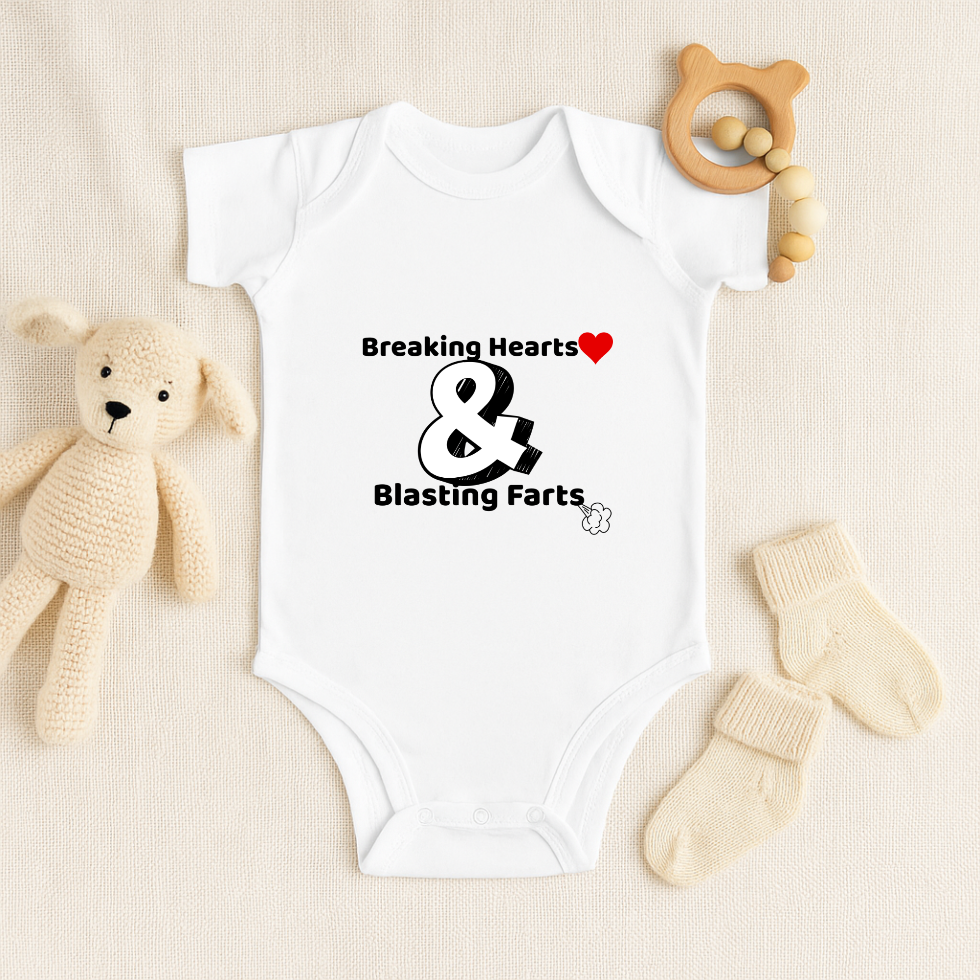 Cute Baby Bodysuit - Breaking Hearts & Blasting Farts, Funny Infant Outfit, Gift for New Parents, Baby Shower Present, Humor Baby Clothes product thumbnail image Cute Baby Bodysuit - Breaking Hearts & Blasting Farts, Funny Infant Outfit, Gift for New Parents, Baby Shower Present, Humor Baby Clothes product thumbnail image