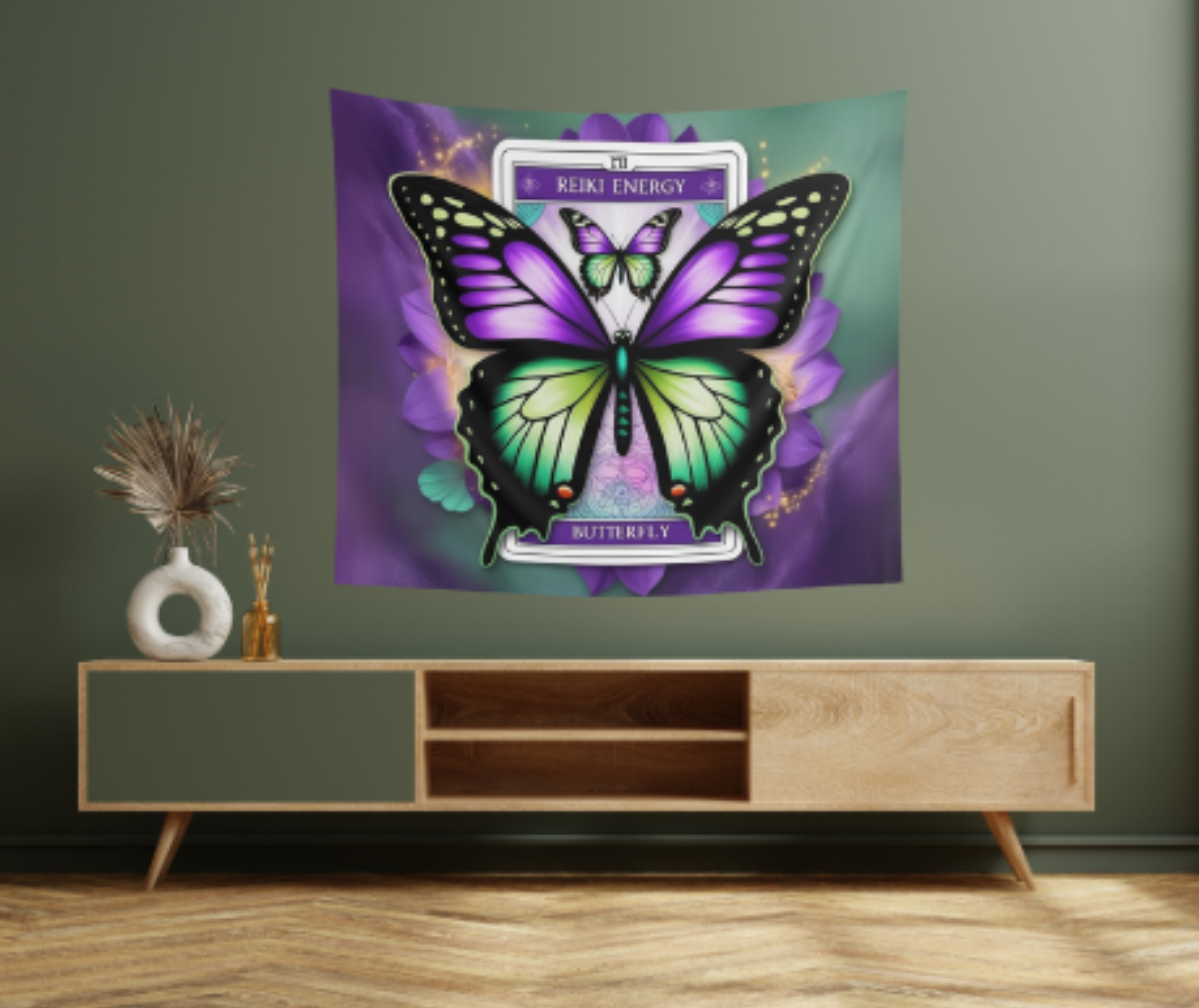 Reiki Energy Butterfly Wall Tapestry – Purple Green Spiritual Decor, Meditation Art, Gift for Her – by CarmaQuanTarot product thumbnail image Reiki Energy Butterfly Wall Tapestry – Purple Green Spiritual Decor, Meditation Art, Gift for Her – by CarmaQuanTarot product thumbnail image