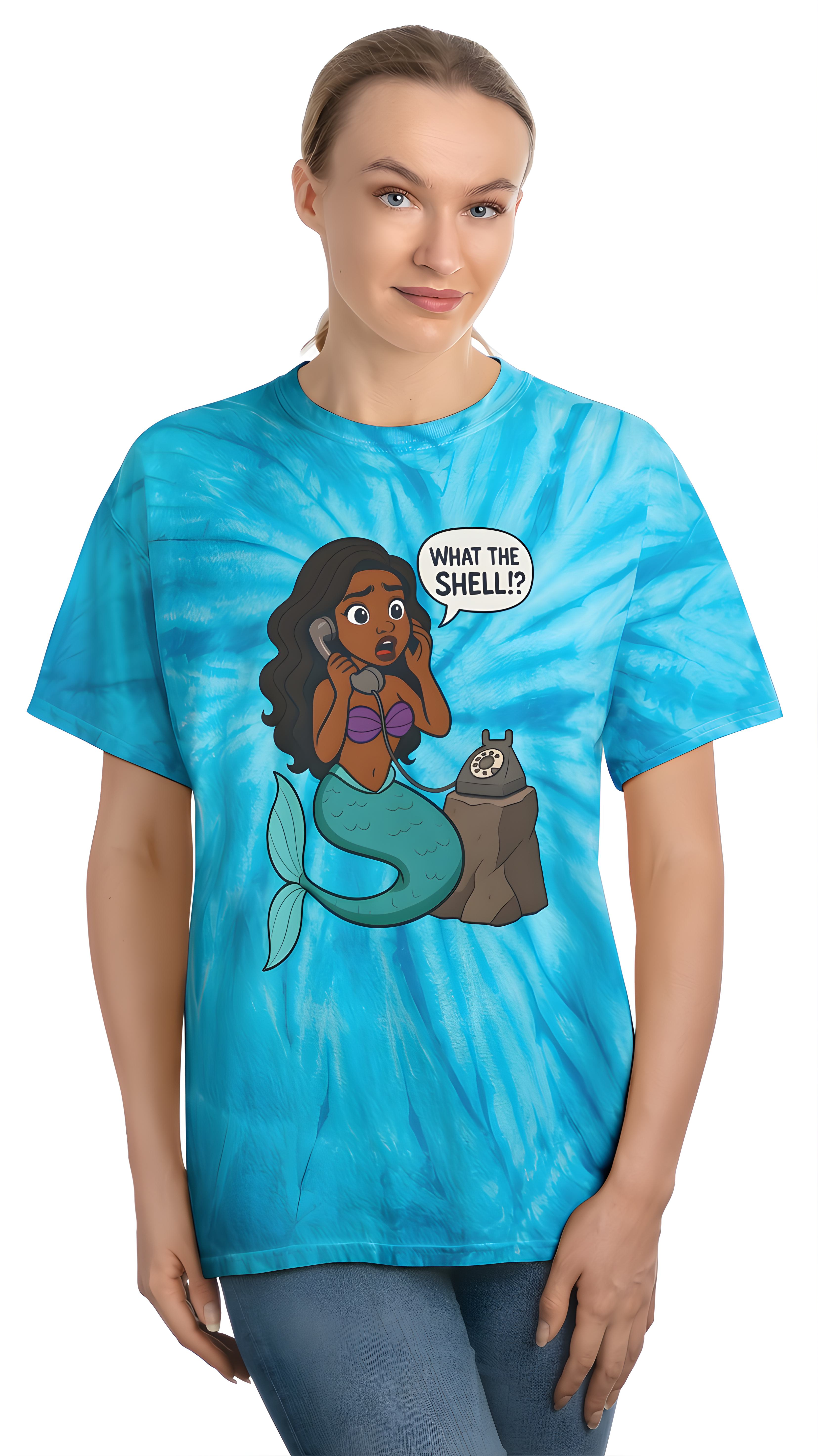 Mermaid Tie-Dye Tee, 'What the Shell!?' Graphic Top, Summer Vibes Shirt, Casual Beach Wear, Gift for Ocean Lovers, Fun Graphic T-shirt
