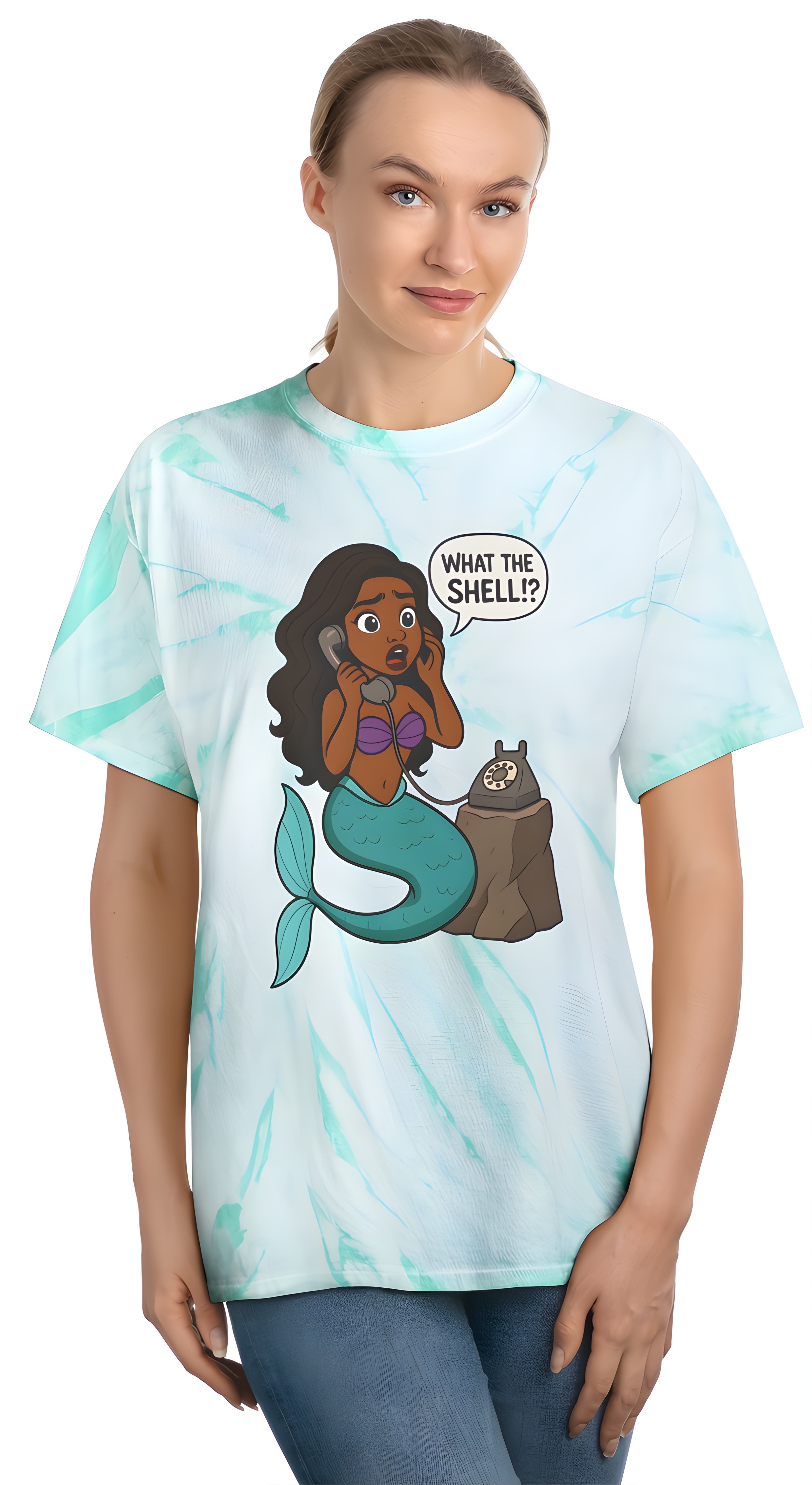 Mermaid Tie-Dye Tee, 'What the Shell!?' Graphic Top, Summer Vibes Shirt, Casual Beach Wear, Gift for Ocean Lovers, Fun Graphic T-shirt product thumbnail image Mermaid Tie-Dye Tee, 'What the Shell!?' Graphic Top, Summer Vibes Shirt, Casual Beach Wear, Gift for Ocean Lovers, Fun Graphic T-shirt product thumbnail image