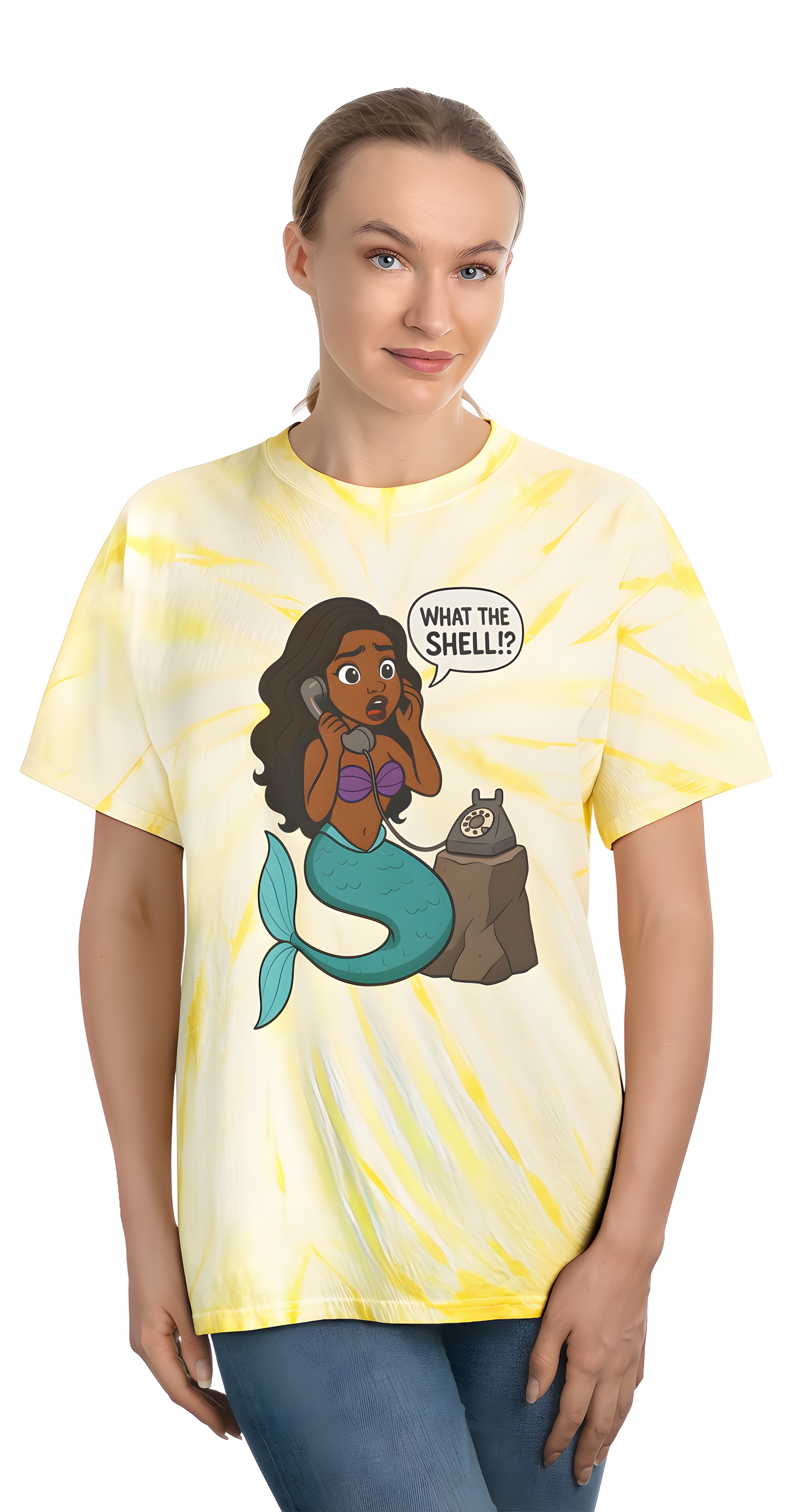Mermaid Tie-Dye Tee, 'What the Shell!?' Graphic Top, Summer Vibes Shirt, Casual Beach Wear, Gift for Ocean Lovers, Fun Graphic T-shirt product thumbnail image Mermaid Tie-Dye Tee, 'What the Shell!?' Graphic Top, Summer Vibes Shirt, Casual Beach Wear, Gift for Ocean Lovers, Fun Graphic T-shirt product thumbnail image