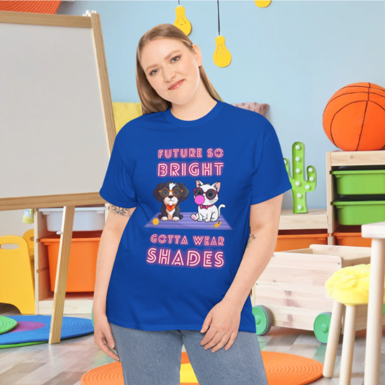 Future so bright gotta wear shades neon unisex tee with dog and cat design, fun gift for teachers, bright school tee product thumbnail image Future so bright gotta wear shades neon unisex tee with dog and cat design, fun gift for teachers, bright school tee product thumbnail image