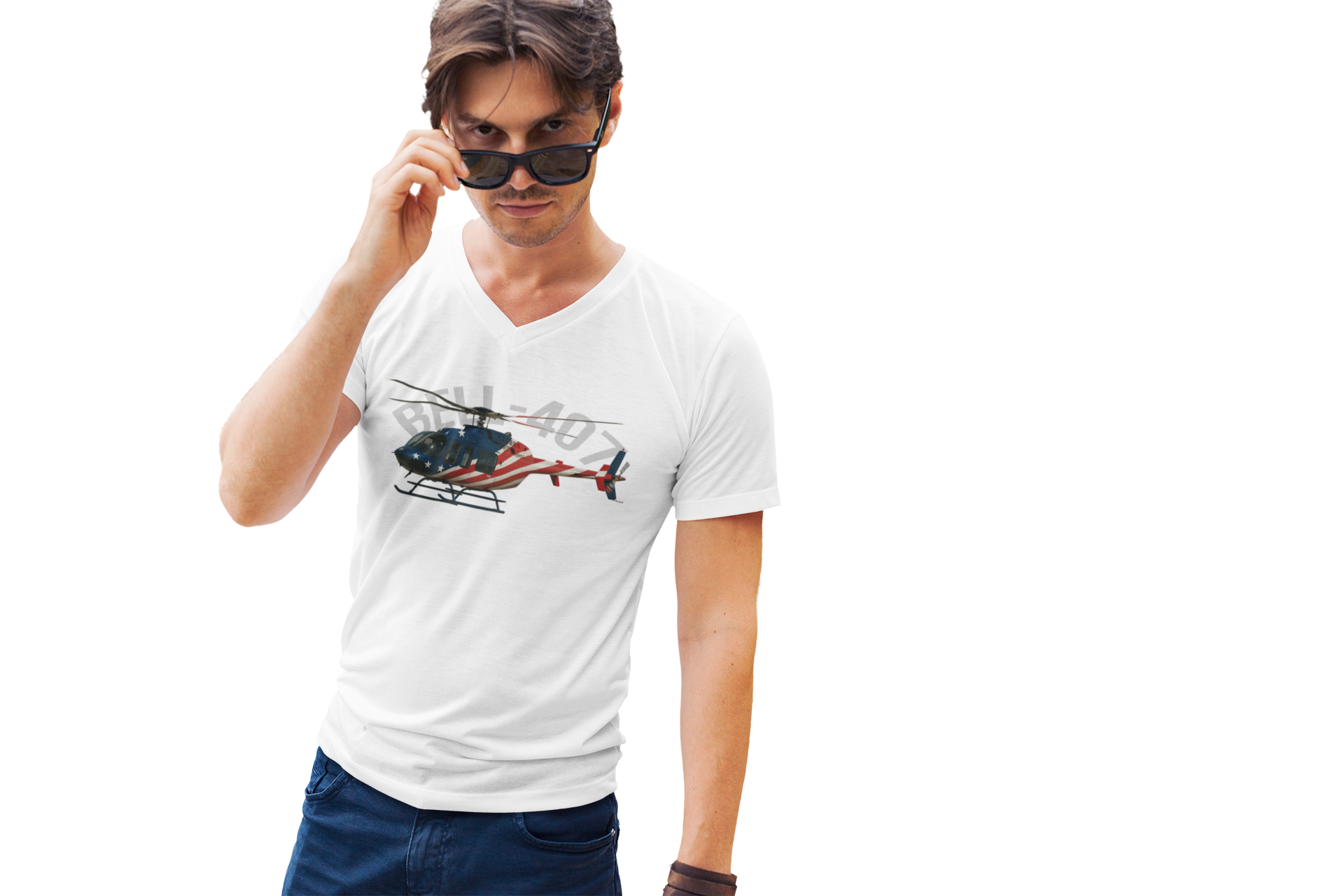 Patriotic Helicopter Tee, Bell-407 Unisex Short Sleeve V-Neck T-Shirt for Veterans, Independence Day Gift, Casual Wear, Fourth of July product thumbnail image