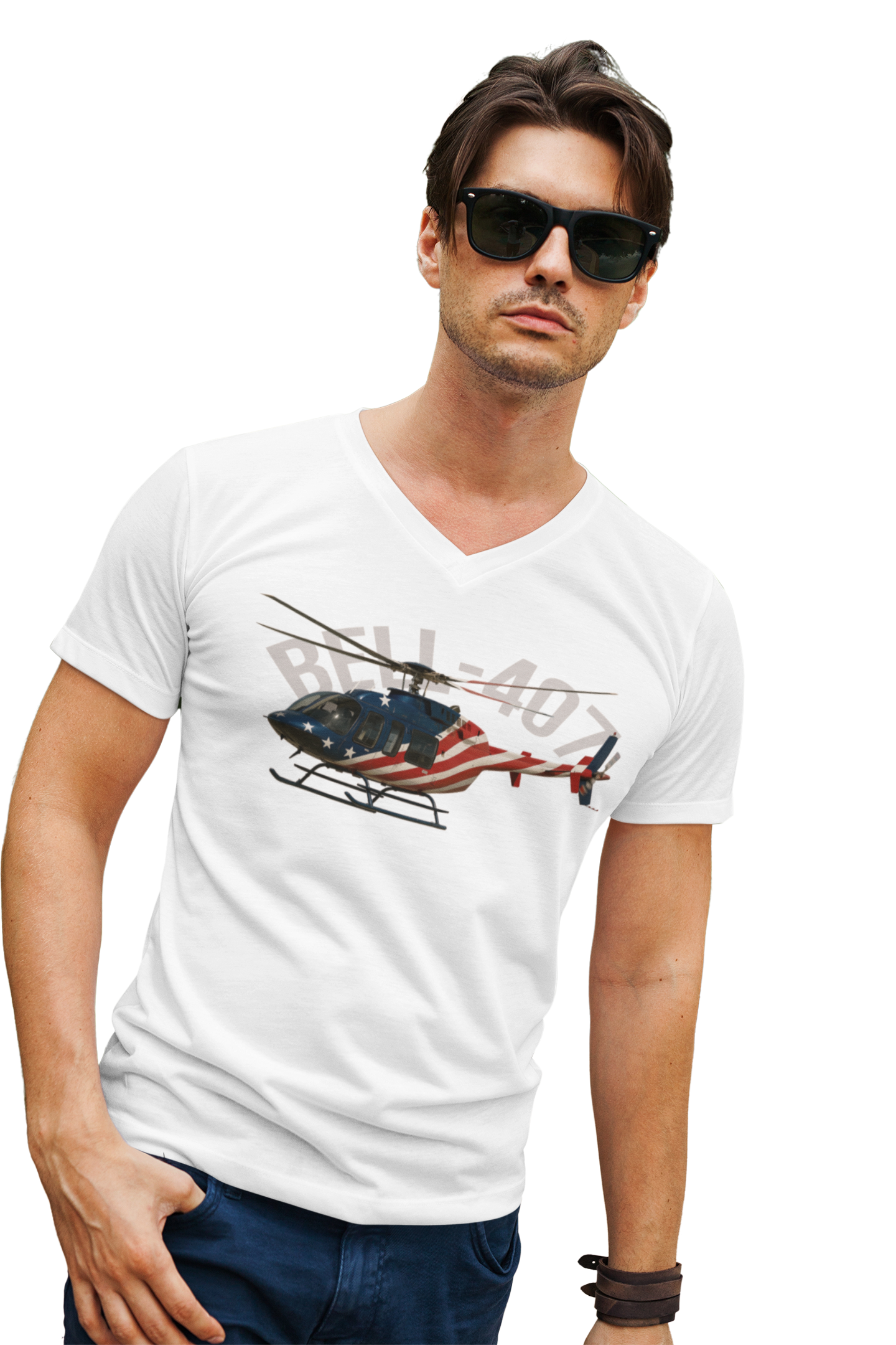 Patriotic Helicopter Tee, Bell-407 Unisex Short Sleeve V-Neck T-Shirt for Veterans, Independence Day Gift, Casual Wear, Fourth of July product thumbnail image Patriotic Helicopter Tee, Bell-407 Unisex Short Sleeve V-Neck T-Shirt for Veterans, Independence Day Gift, Casual Wear, Fourth of July product thumbnail image