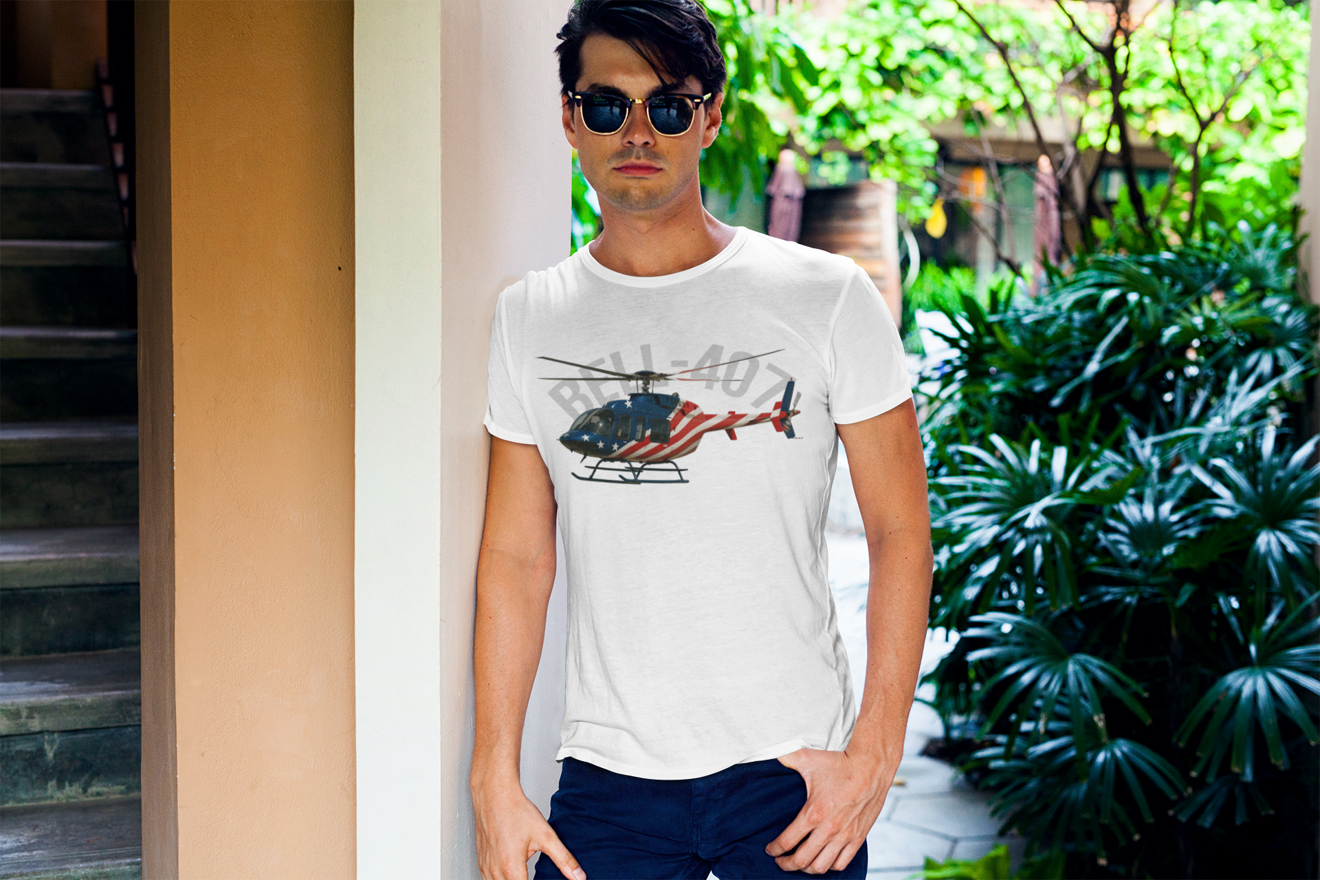 Patriotic Helicopter Tee, Bell-407 Unisex Short Sleeve V-Neck T-Shirt for Veterans, Independence Day Gift, Casual Wear, Fourth of July product thumbnail image