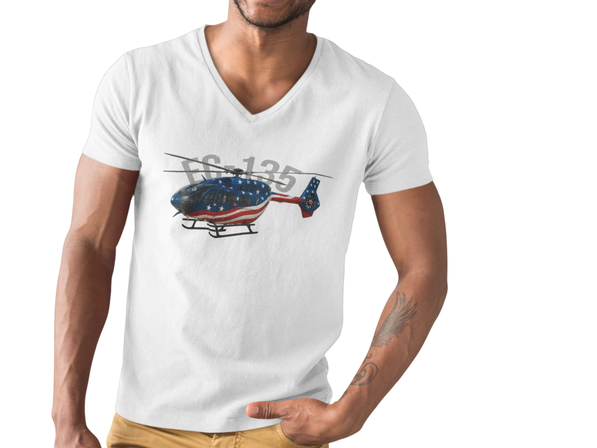 Patriotic EC135 Helicopter V-Neck Tee, Casual Wear, Military Enthusiast Gift, Unisex T-Shirt, Independence Day, Aviation Lover product thumbnail image