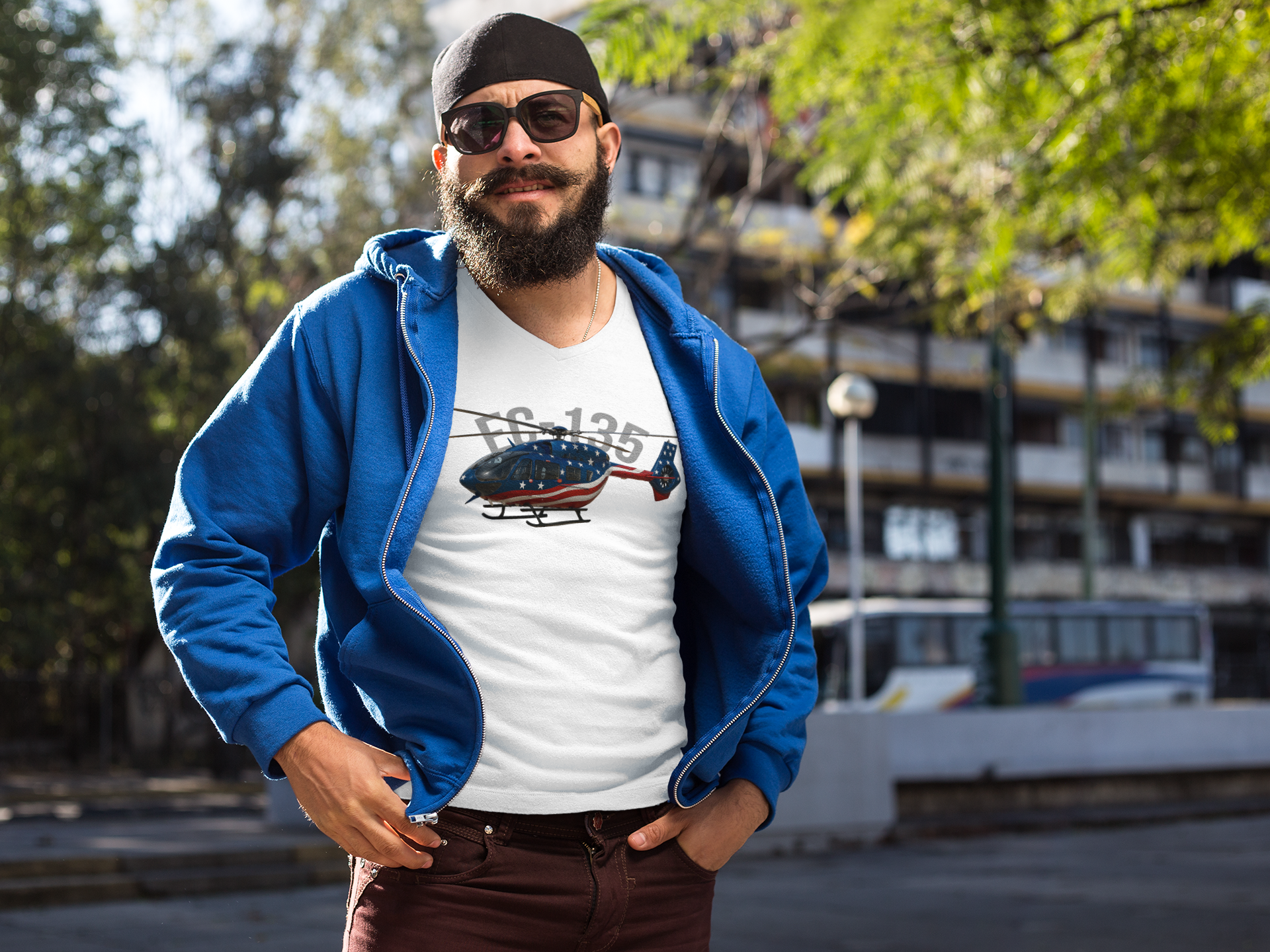 Patriotic EC135 Helicopter V-Neck Tee, Casual Wear, Military Enthusiast Gift, Unisex T-Shirt, Independence Day, Aviation Lover