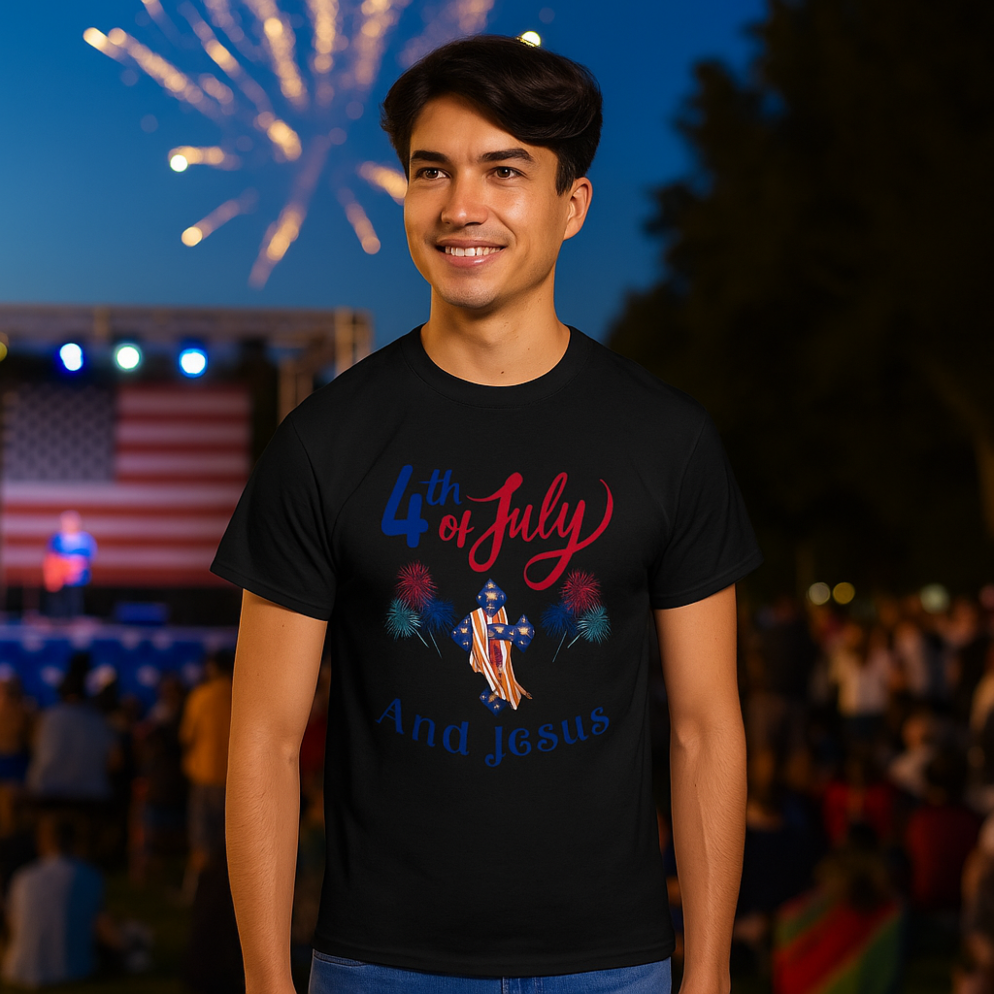 4th of July And Jesus T-Shirt Patriotic Christian Tee Independence Day Faith Shirt USA Flag Cross Graphic Tee Summer Freedom Unisex Tee product thumbnail image 4th of July And Jesus T-Shirt Patriotic Christian Tee Independence Day Faith Shirt USA Flag Cross Graphic Tee Summer Freedom Unisex Tee product thumbnail image
