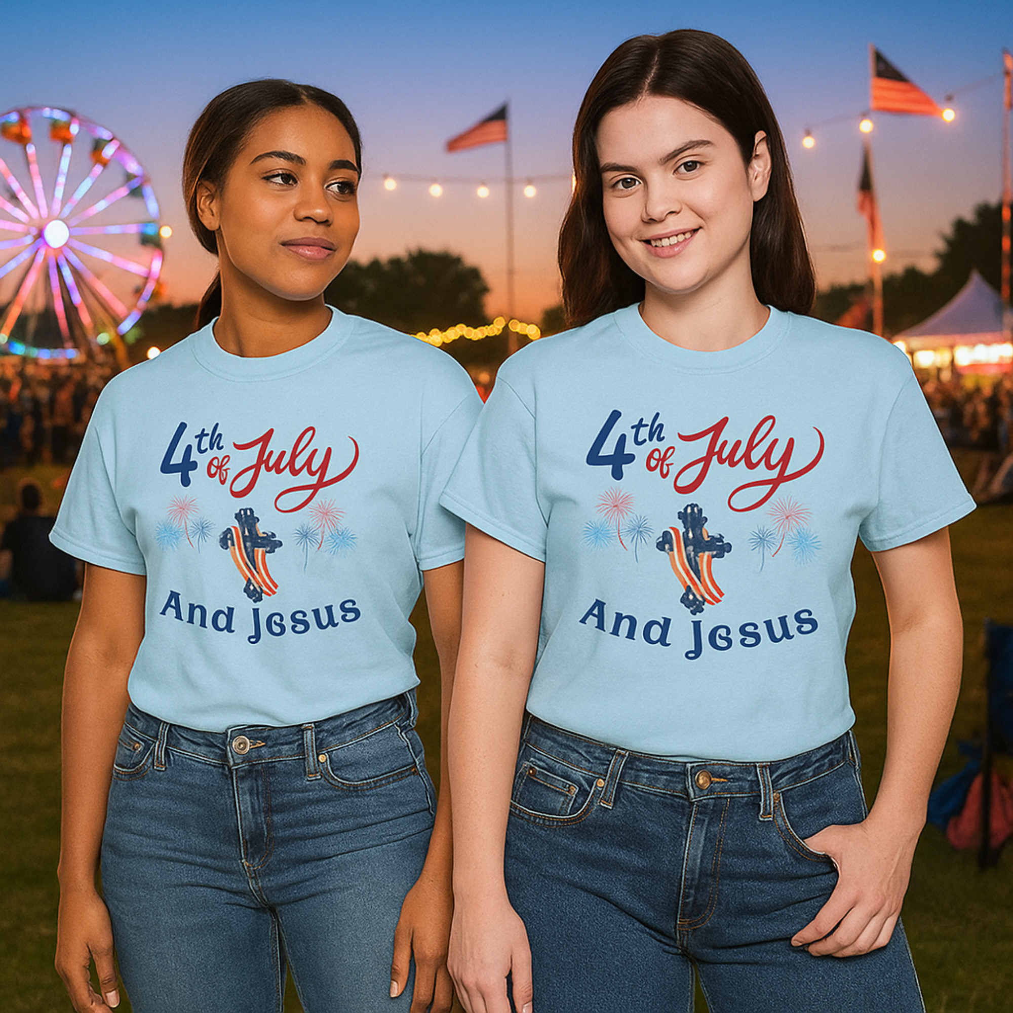 4th of July And Jesus T-Shirt Patriotic Christian Tee Independence Day Faith Shirt USA Flag Cross Graphic Tee Summer Freedom Unisex Tee