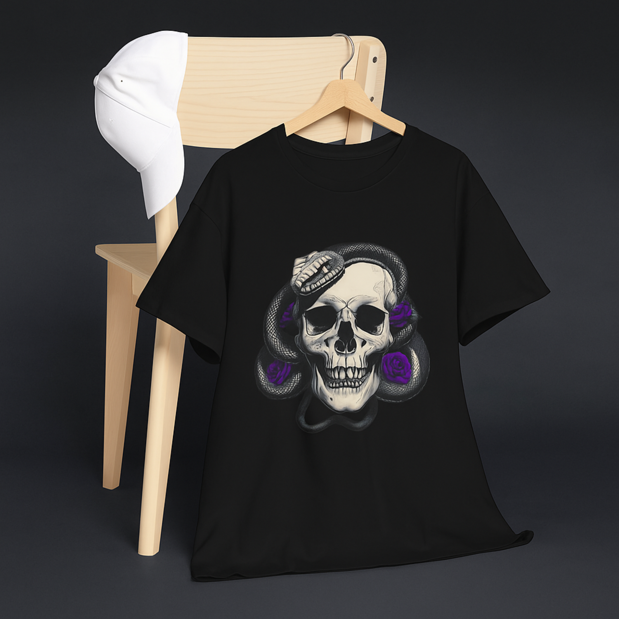 Edgy Skull and Snake Unisex T-Shirt Gothic Skull Tee with Purple Roses Alternative Heavy Cotton Graphic Tee Rock Punk Streetwear Shirt product thumbnail image Edgy Skull and Snake Unisex T-Shirt Gothic Skull Tee with Purple Roses Alternative Heavy Cotton Graphic Tee Rock Punk Streetwear Shirt product thumbnail image