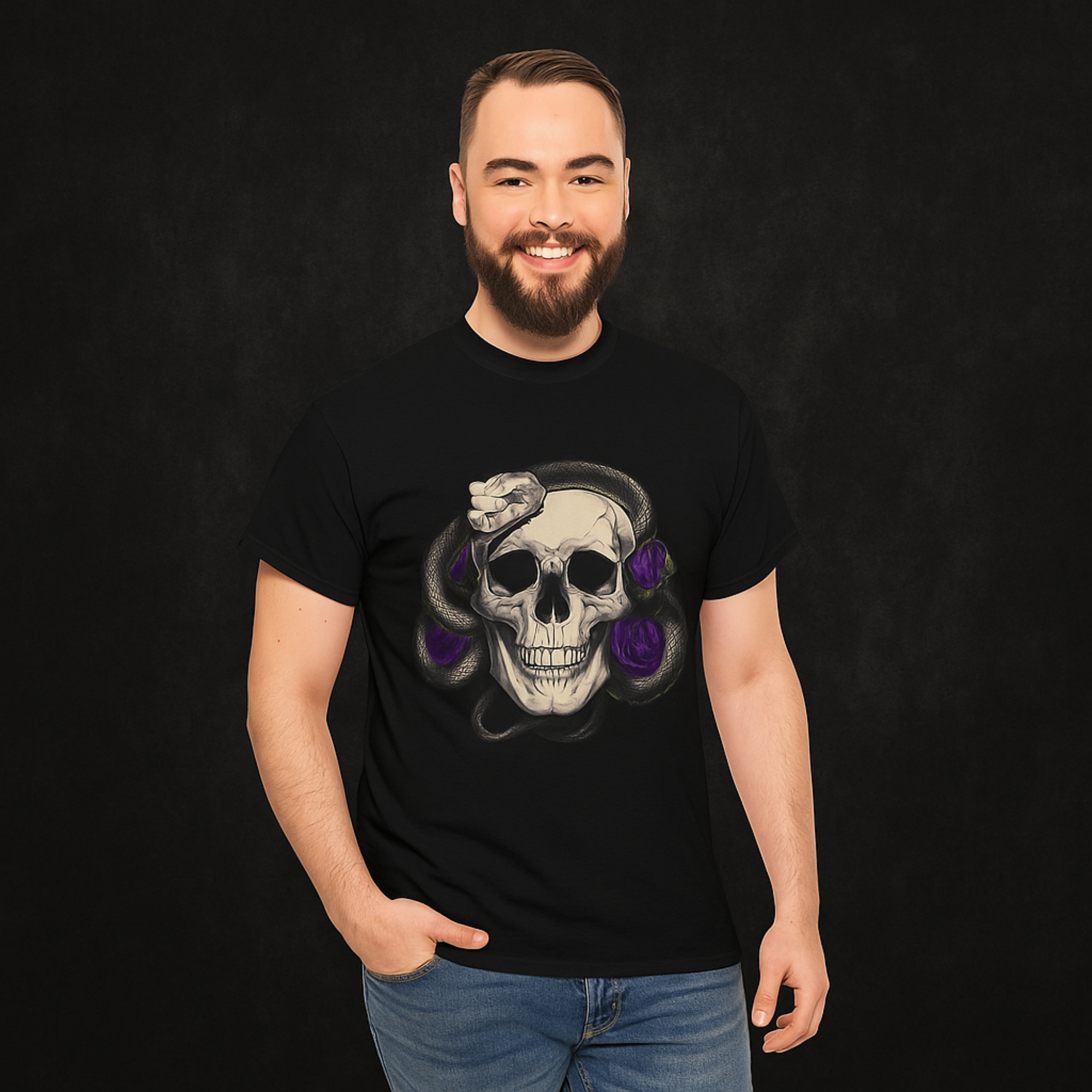 Edgy Skull and Snake Unisex T-Shirt Gothic Skull Tee with Purple Roses Alternative Heavy Cotton Graphic Tee Rock Punk Streetwear Shirt product thumbnail image Edgy Skull and Snake Unisex T-Shirt Gothic Skull Tee with Purple Roses Alternative Heavy Cotton Graphic Tee Rock Punk Streetwear Shirt product thumbnail image
