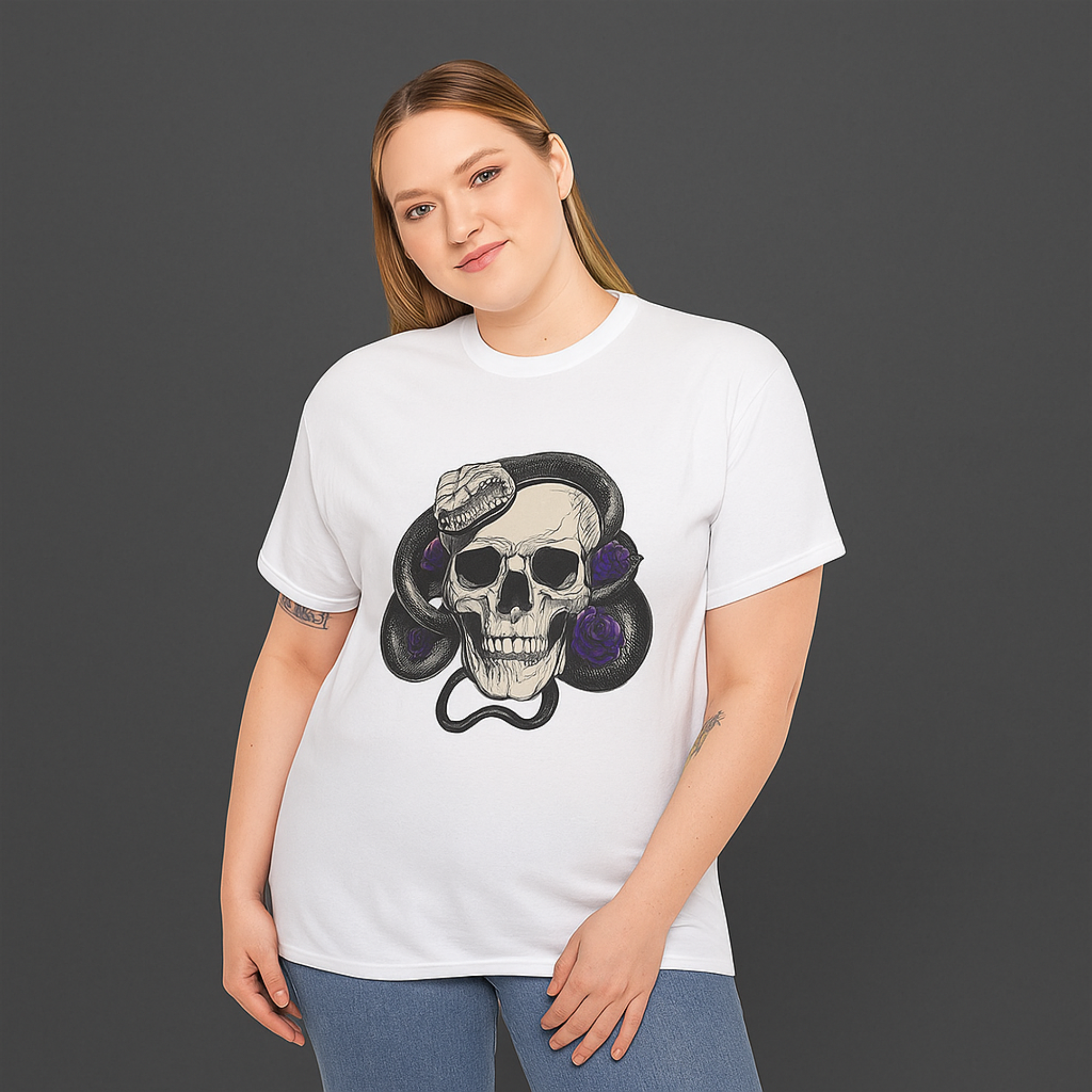 Edgy Skull and Snake Unisex T-Shirt Gothic Skull Tee with Purple Roses Alternative Heavy Cotton Graphic Tee Rock Punk Streetwear Shirt product thumbnail image Edgy Skull and Snake Unisex T-Shirt Gothic Skull Tee with Purple Roses Alternative Heavy Cotton Graphic Tee Rock Punk Streetwear Shirt product thumbnail image