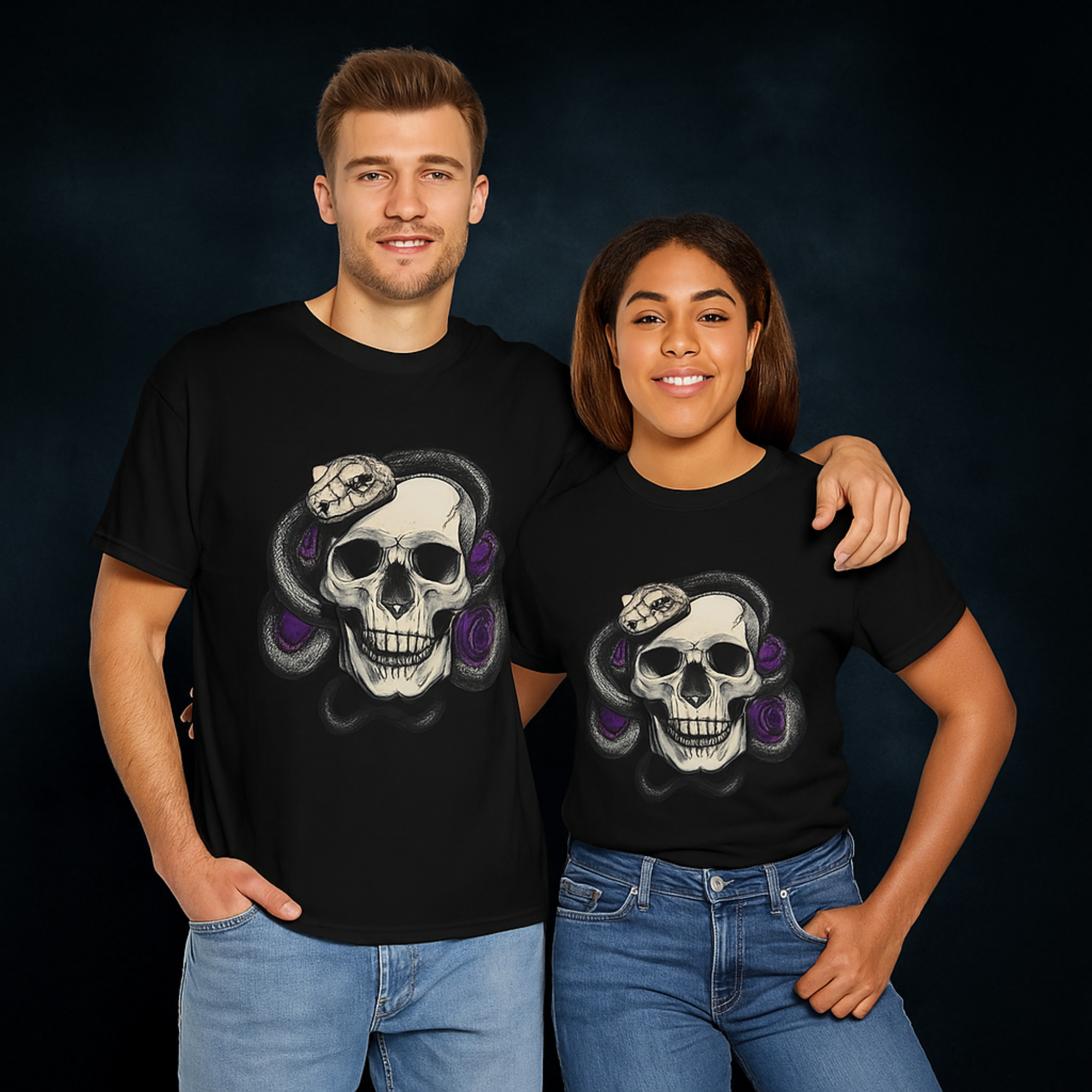 Edgy Skull and Snake Unisex T-Shirt Gothic Skull Tee with Purple Roses Alternative Heavy Cotton Graphic Tee Rock Punk Streetwear Shirt product thumbnail image Edgy Skull and Snake Unisex T-Shirt Gothic Skull Tee with Purple Roses Alternative Heavy Cotton Graphic Tee Rock Punk Streetwear Shirt product thumbnail image