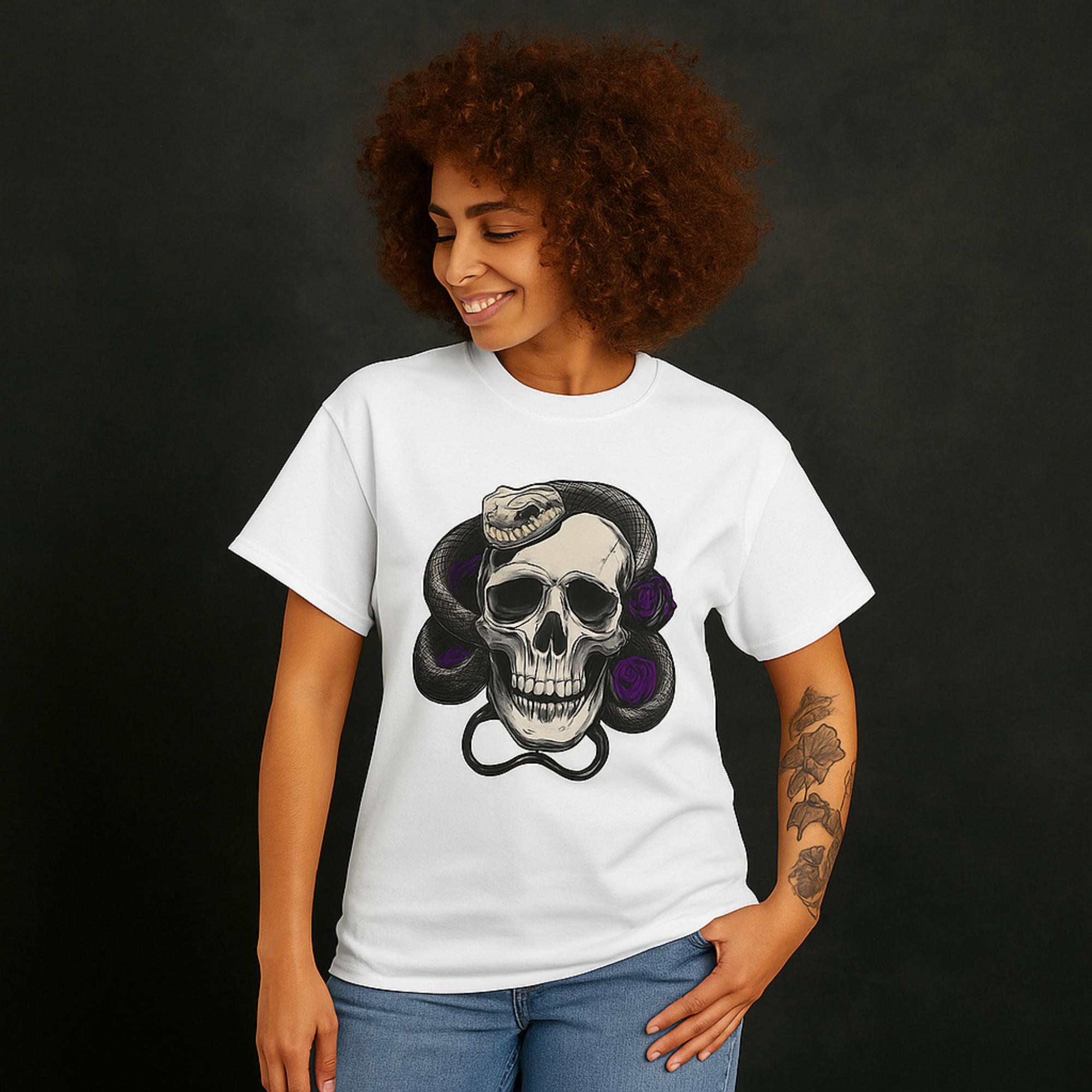 Edgy Skull and Snake Unisex T-Shirt Gothic Skull Tee with Purple Roses Alternative Heavy Cotton Graphic Tee Rock Punk Streetwear Shirt product thumbnail image Edgy Skull and Snake Unisex T-Shirt Gothic Skull Tee with Purple Roses Alternative Heavy Cotton Graphic Tee Rock Punk Streetwear Shirt product thumbnail image