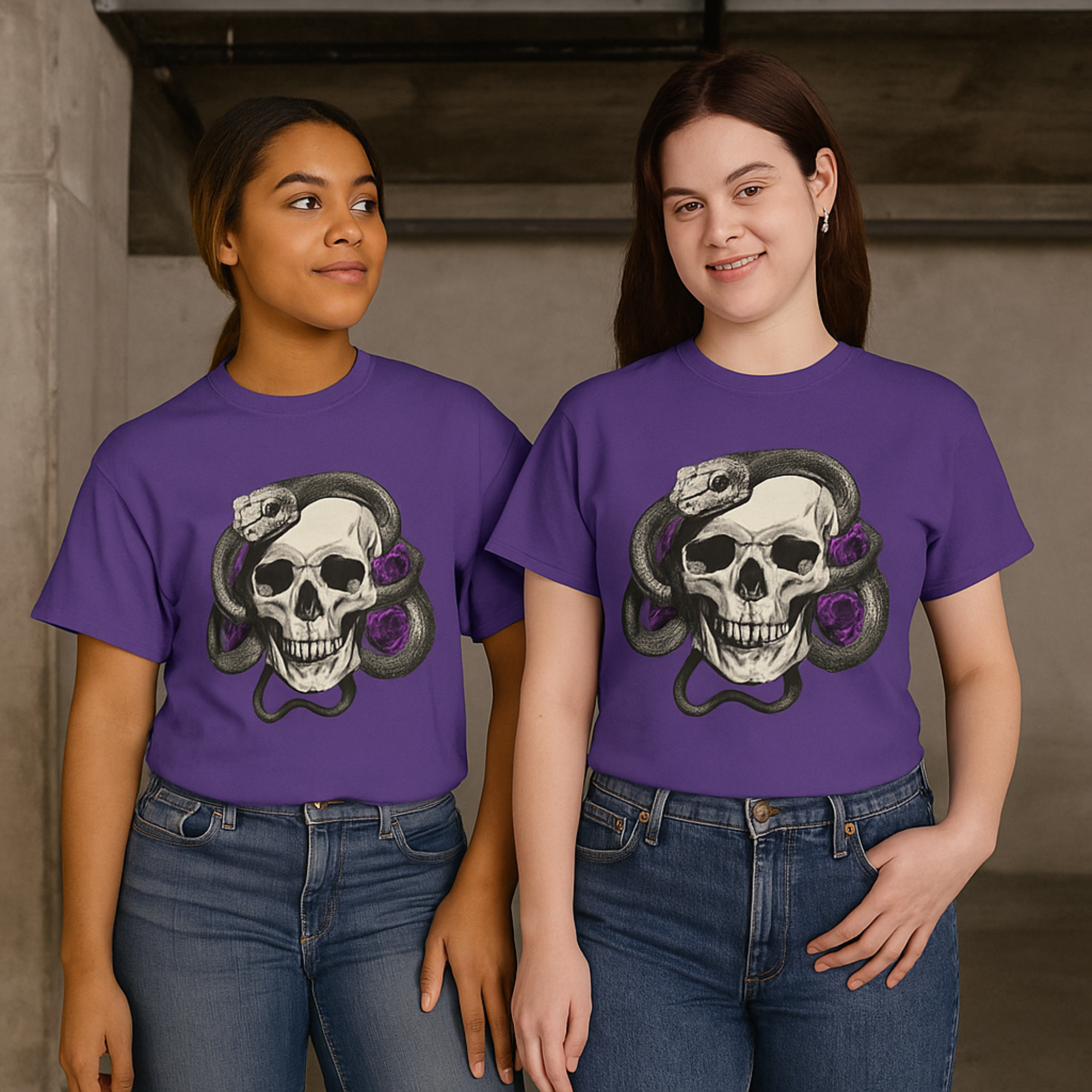 Edgy Skull and Snake Unisex T-Shirt Gothic Skull Tee with Purple Roses Alternative Heavy Cotton Graphic Tee Rock Punk Streetwear Shirt product thumbnail image Edgy Skull and Snake Unisex T-Shirt Gothic Skull Tee with Purple Roses Alternative Heavy Cotton Graphic Tee Rock Punk Streetwear Shirt product thumbnail image