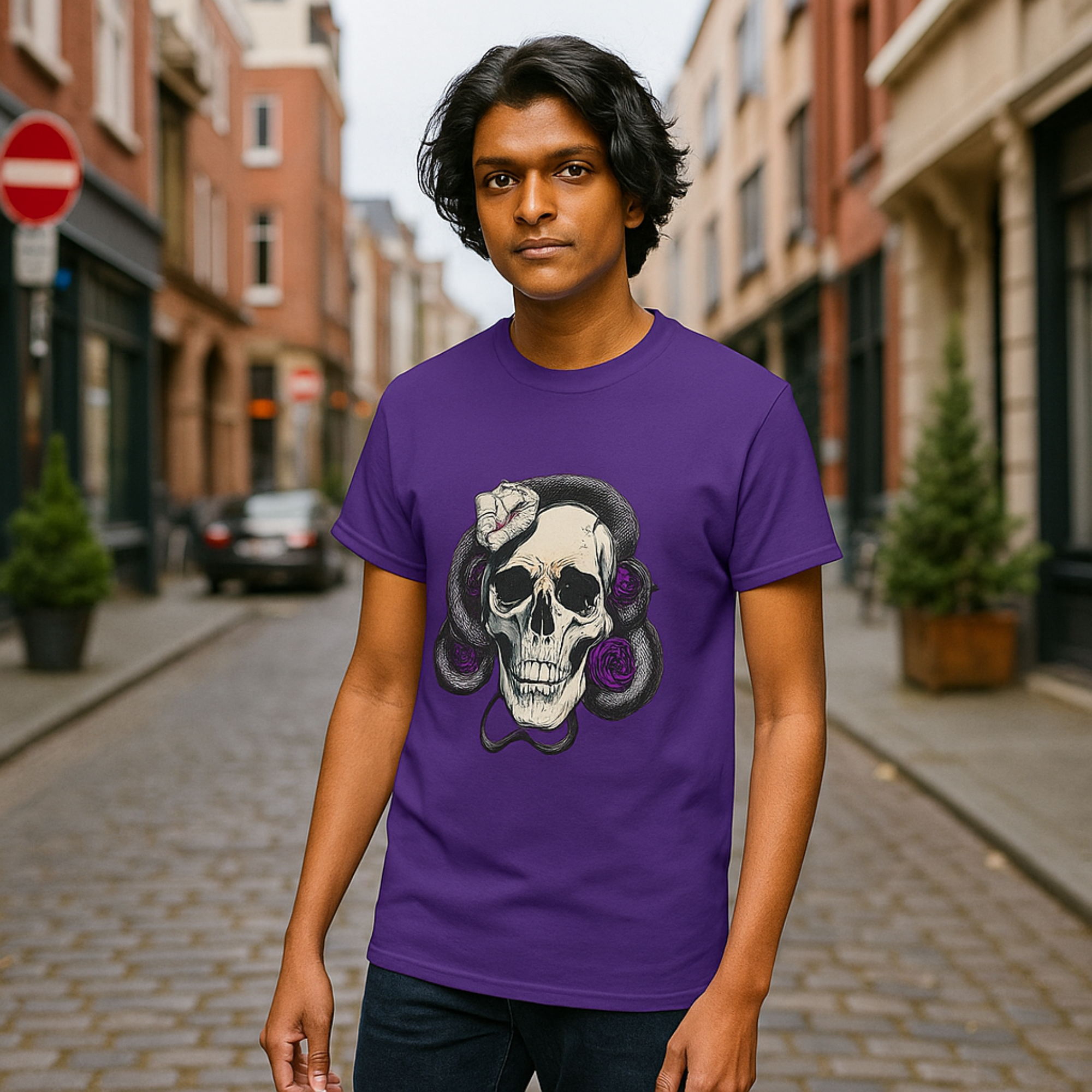 Edgy Skull and Snake Unisex T-Shirt Gothic Skull Tee with Purple Roses Alternative Heavy Cotton Graphic Tee Rock Punk Streetwear Shirt product thumbnail image Edgy Skull and Snake Unisex T-Shirt Gothic Skull Tee with Purple Roses Alternative Heavy Cotton Graphic Tee Rock Punk Streetwear Shirt product thumbnail image
