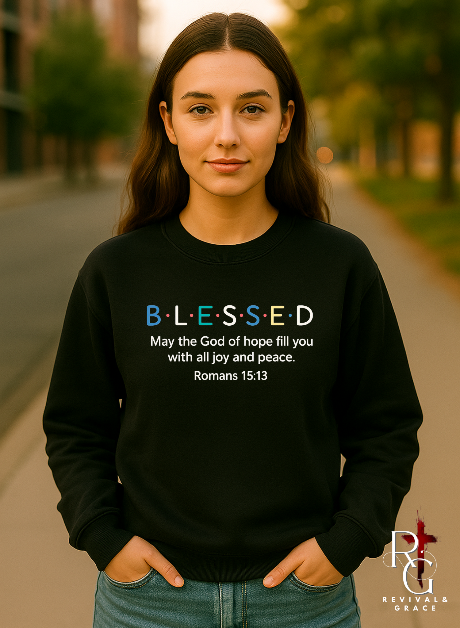 Blessed Christian Crewneck Sweatshirt – Romans 15:13 Bible Verse | Faith Hope Joy Pullover (Unisex) product thumbnail image Blessed Christian Crewneck Sweatshirt – Romans 15:13 Bible Verse | Faith Hope Joy Pullover (Unisex) product thumbnail image