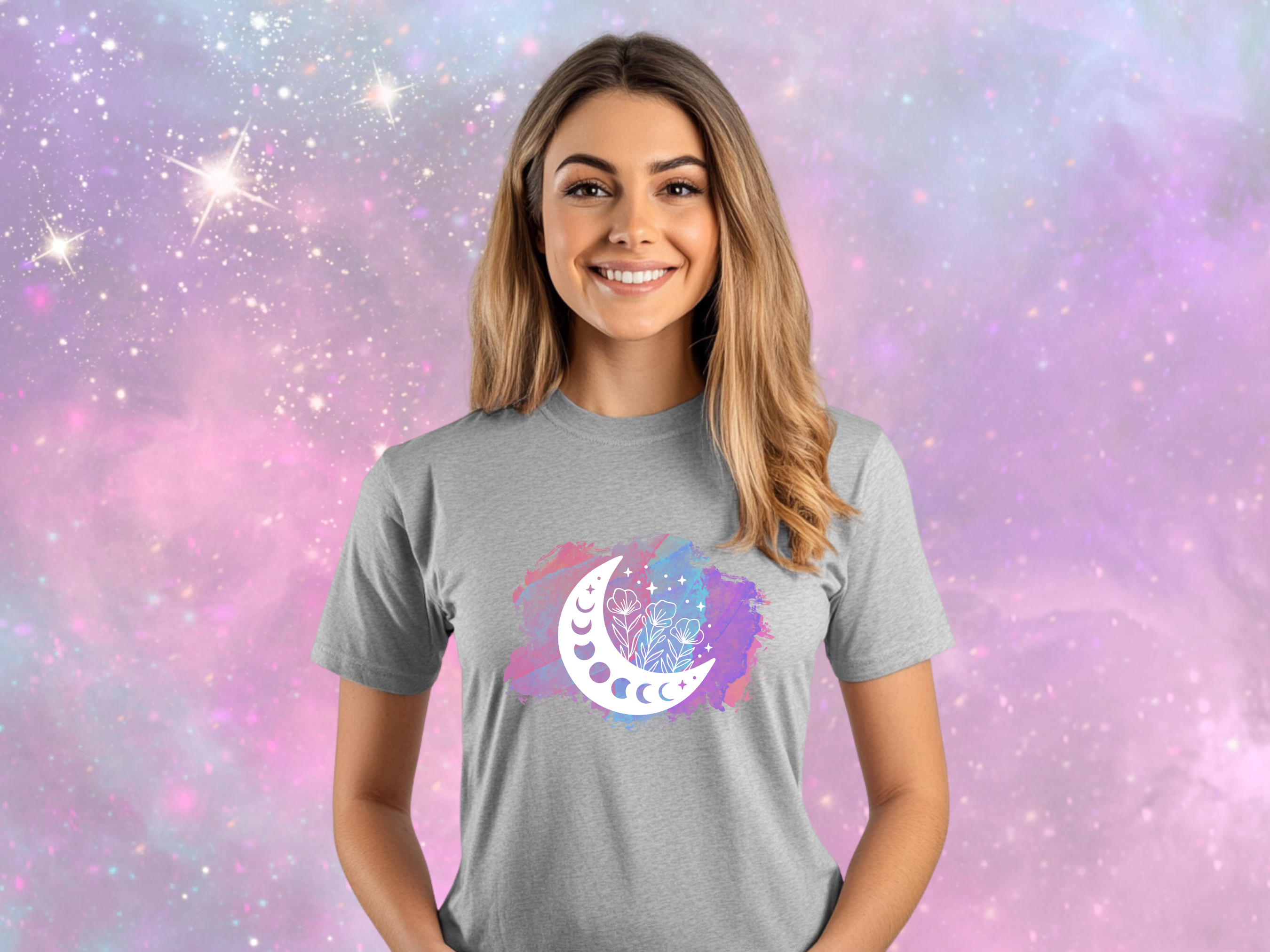 Moon &amp; Flowers Celestial Gilden Unisex Softstyle Short Sleeve T-Shirt, Moon Phases Tee Shirt