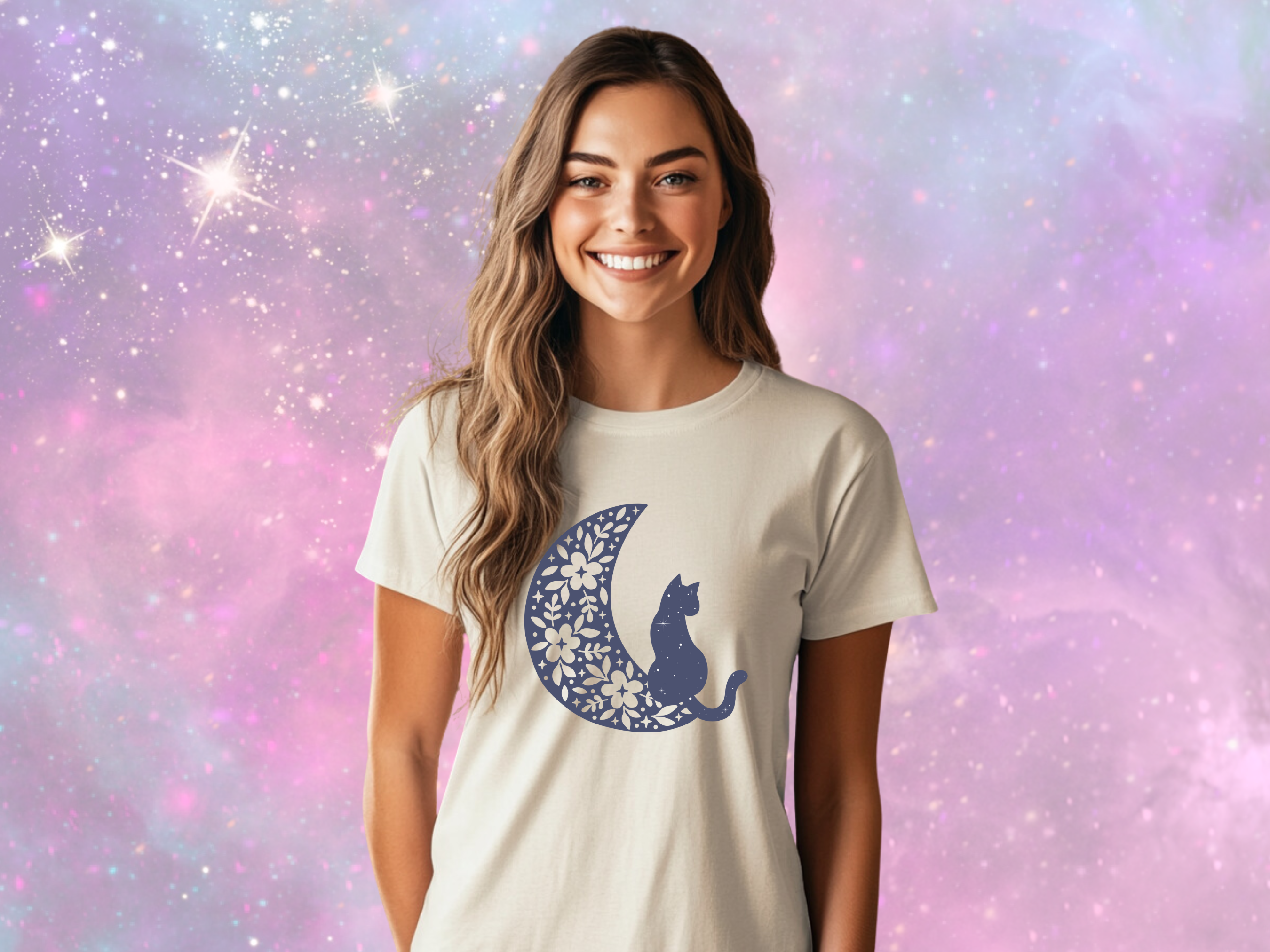 Flower Moon with Celestial Cat Gilden Unisex Softstyle Short Sleeve T-Shirt, Mystical Tee Shirt