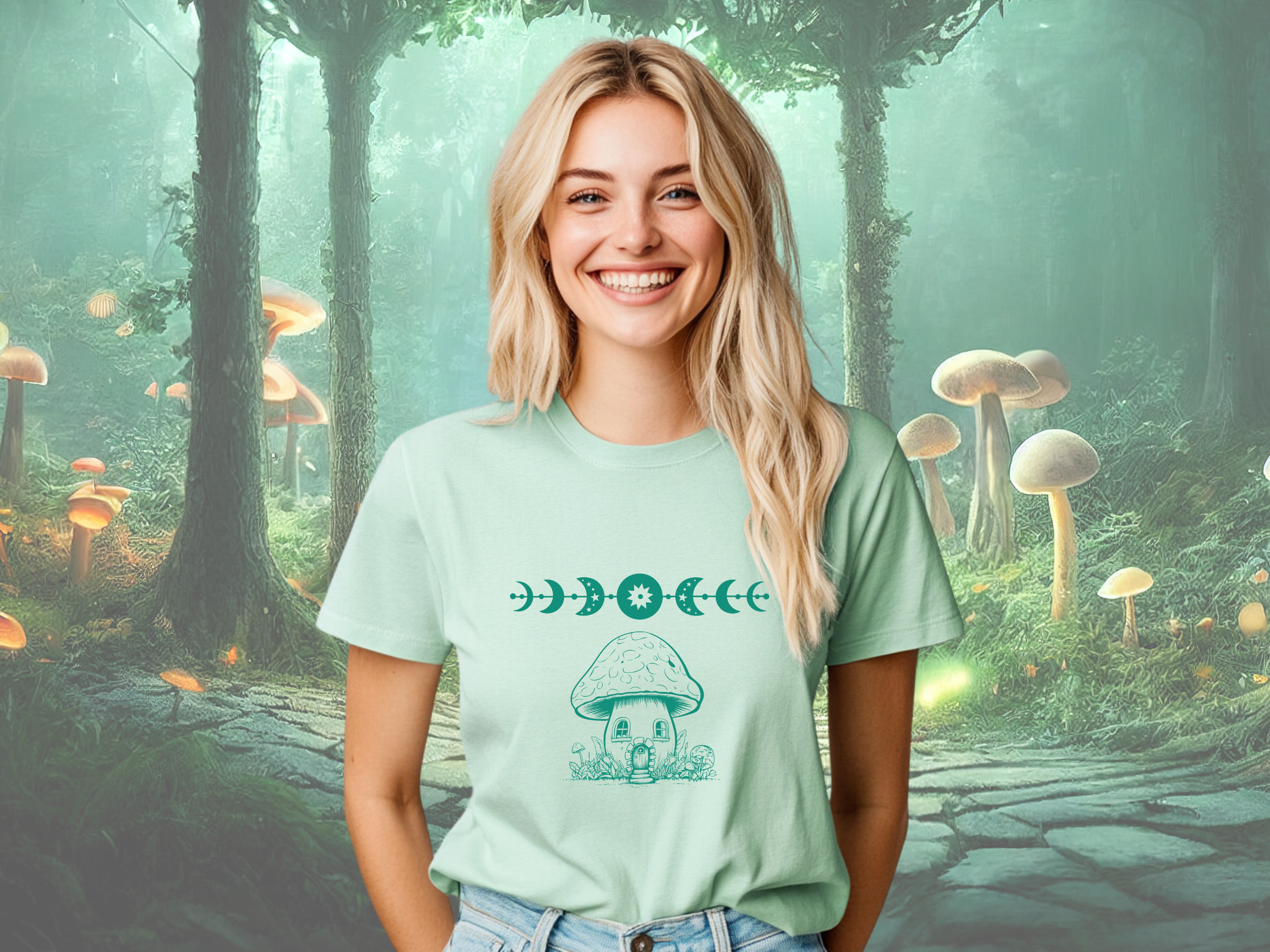 Moon Phases with Mushroom Fairy House Gilden Unisex Softstyle Short Sleeve T-Shirt, Celestial Tee Shirt