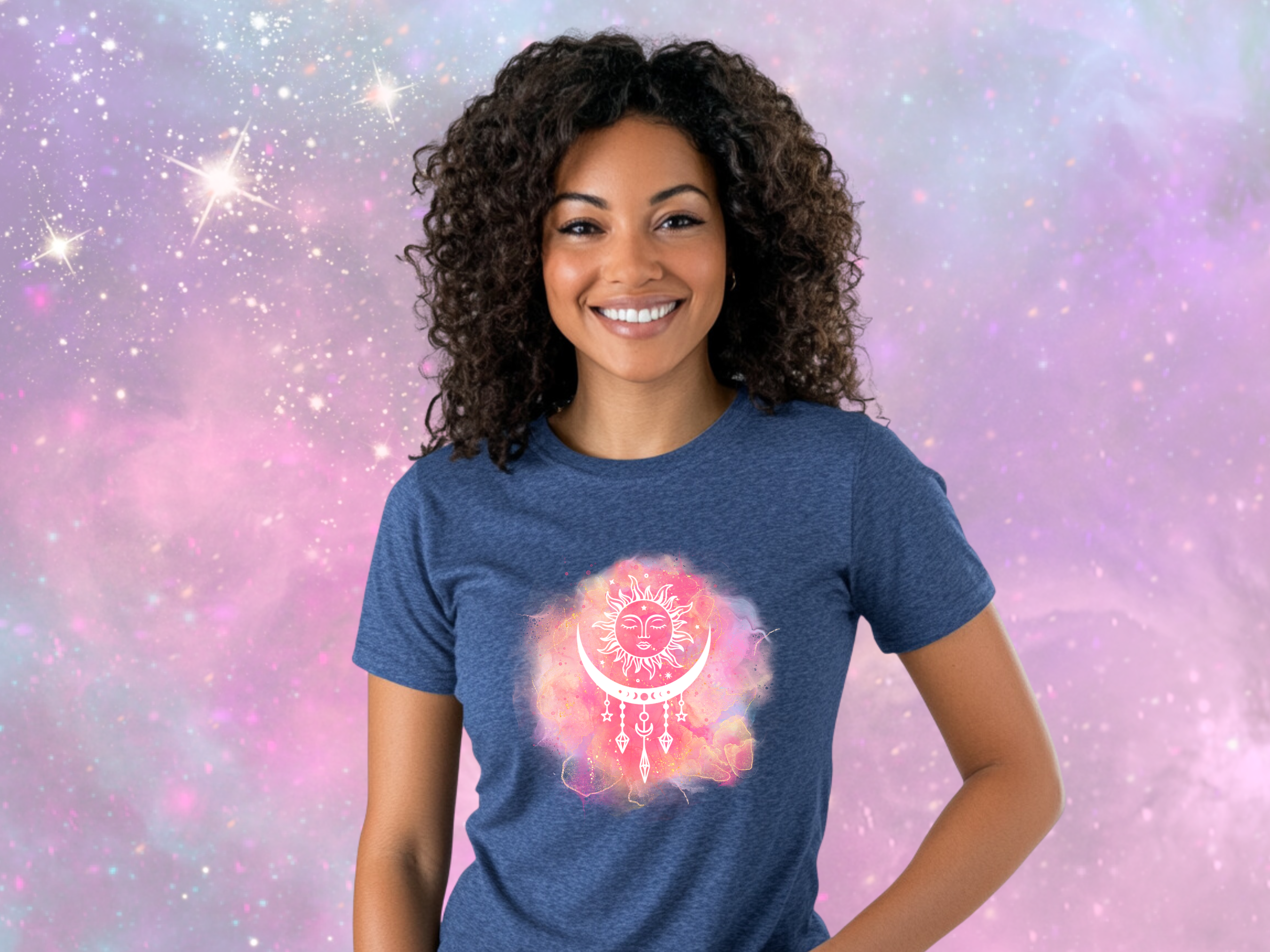 Sun Moon &amp; Crystals Celestial Gilden Unisex Softstyle Short Sleeve T-Shirt, Mystical Tee Shirt