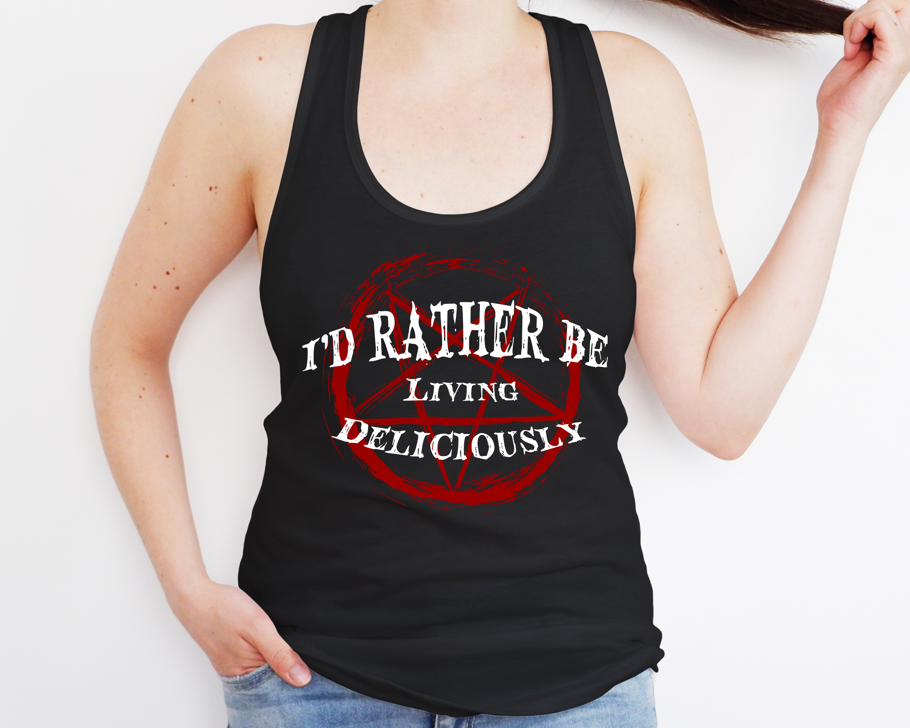 I’d Rather Be Living Deliciously Tank Top | Gothic Bookish Sleeveless Shirt | Dark Romance & Villain Era Apparel | Spicy Bookworm Gift | Witchy Aesthetic Top product thumbnail image I’d Rather Be Living Deliciously Tank Top | Gothic Bookish Sleeveless Shirt | Dark Romance & Villain Era Apparel | Spicy Bookworm Gift | Witchy Aesthetic Top product thumbnail image